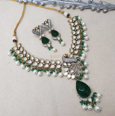 Floral & Peacock Design In Green Stone Embellished Kundan Necklace With Earrings