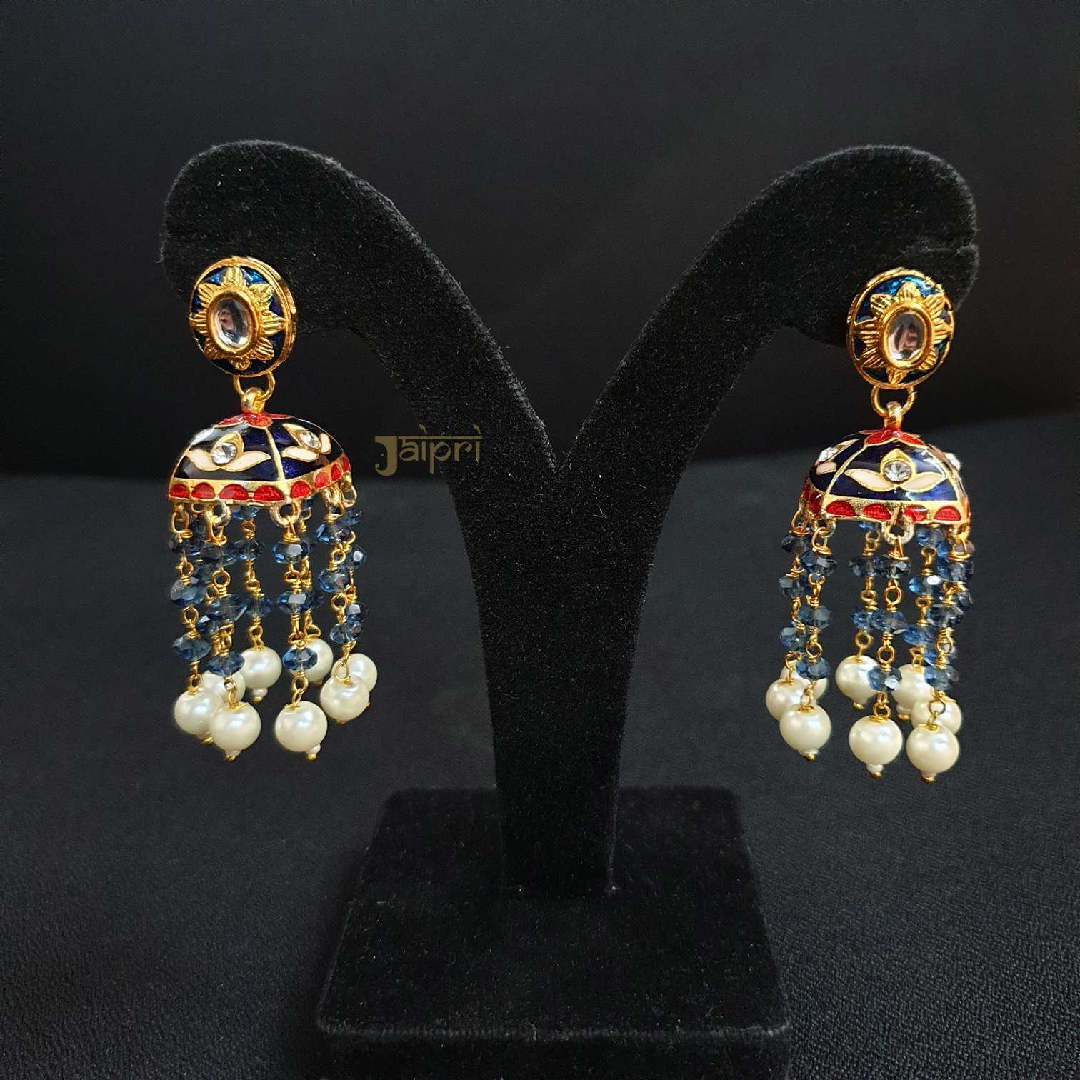 Pearl Beads Stone Meenakari Jhumki Earrings