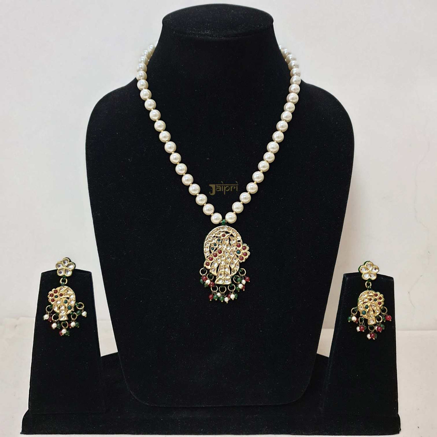 Pearl Beads Stone Kundan Pendant With Earrings