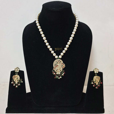 Pearl Beads Stone Kundan Pendant With Earrings