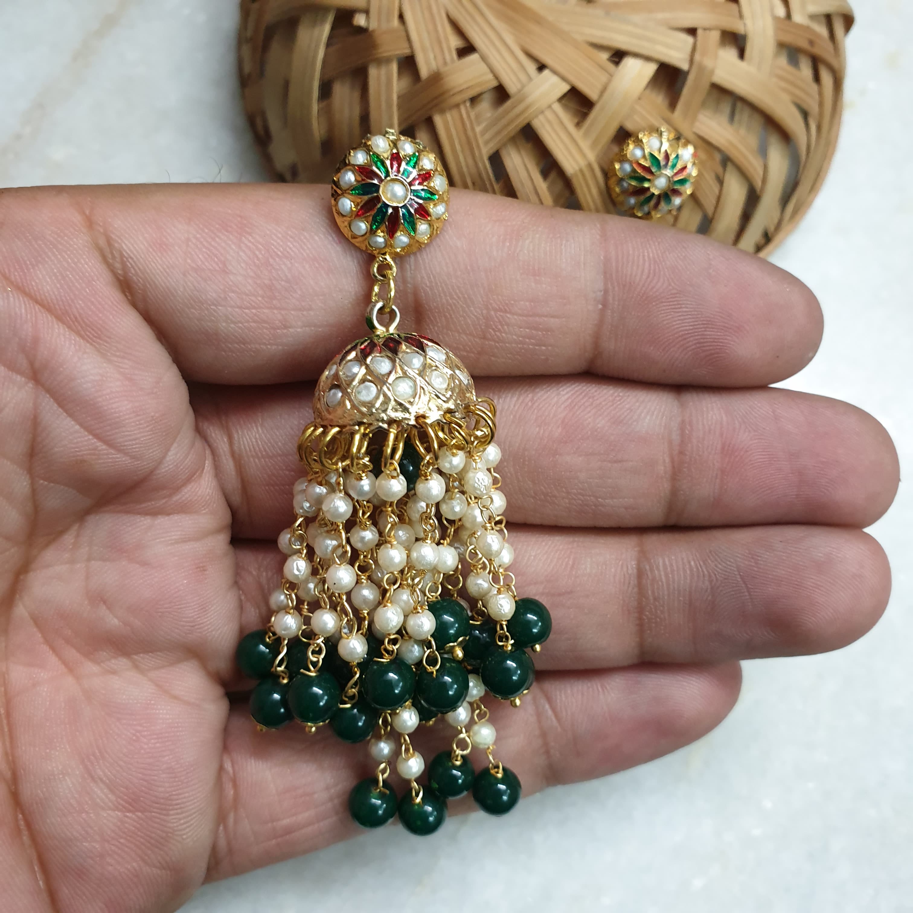 Real Pearl Green Beaded Jadau Earrings