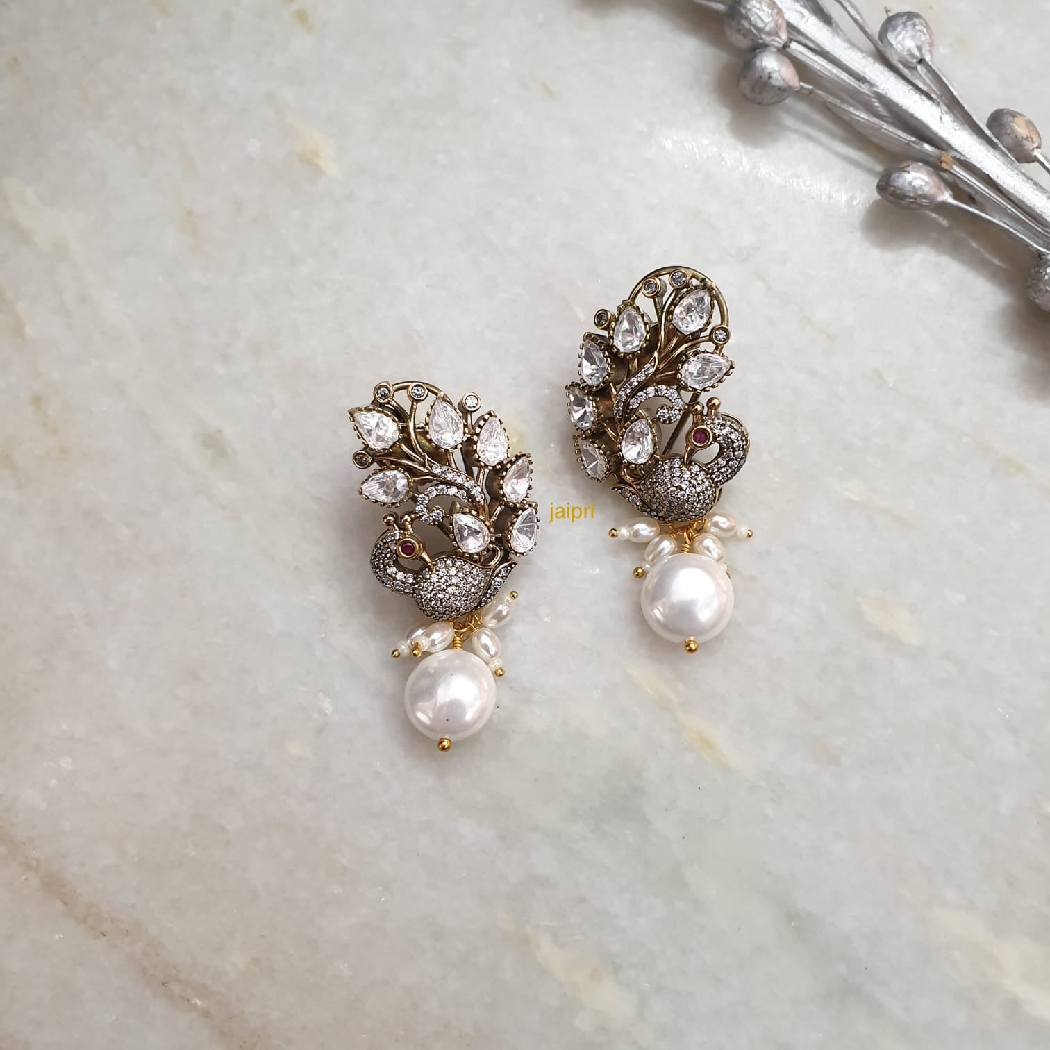 Pearl Bead Peacock Moissanite Earrings