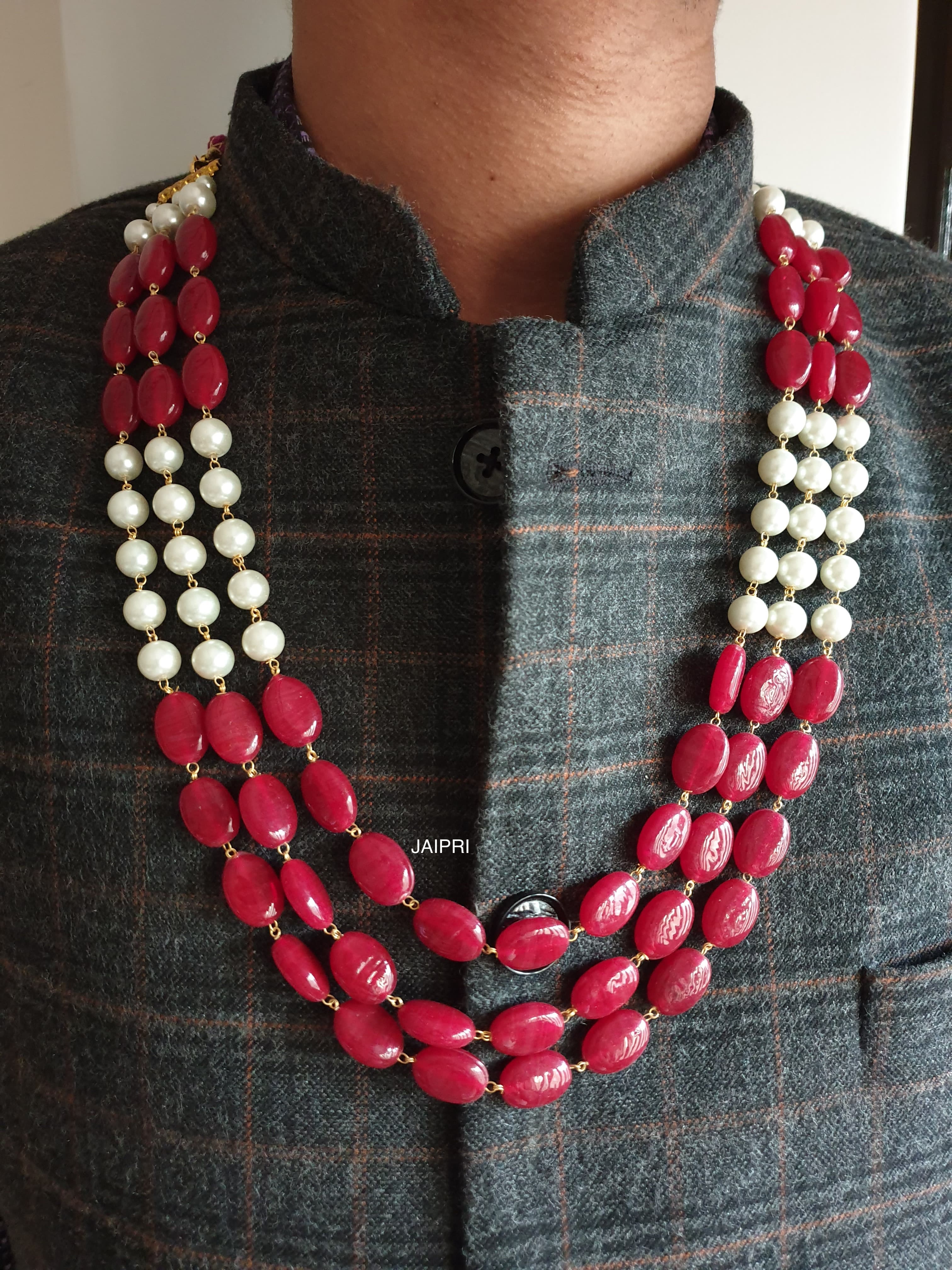 Three Layered Pearl And Red Combo Groom Necklace