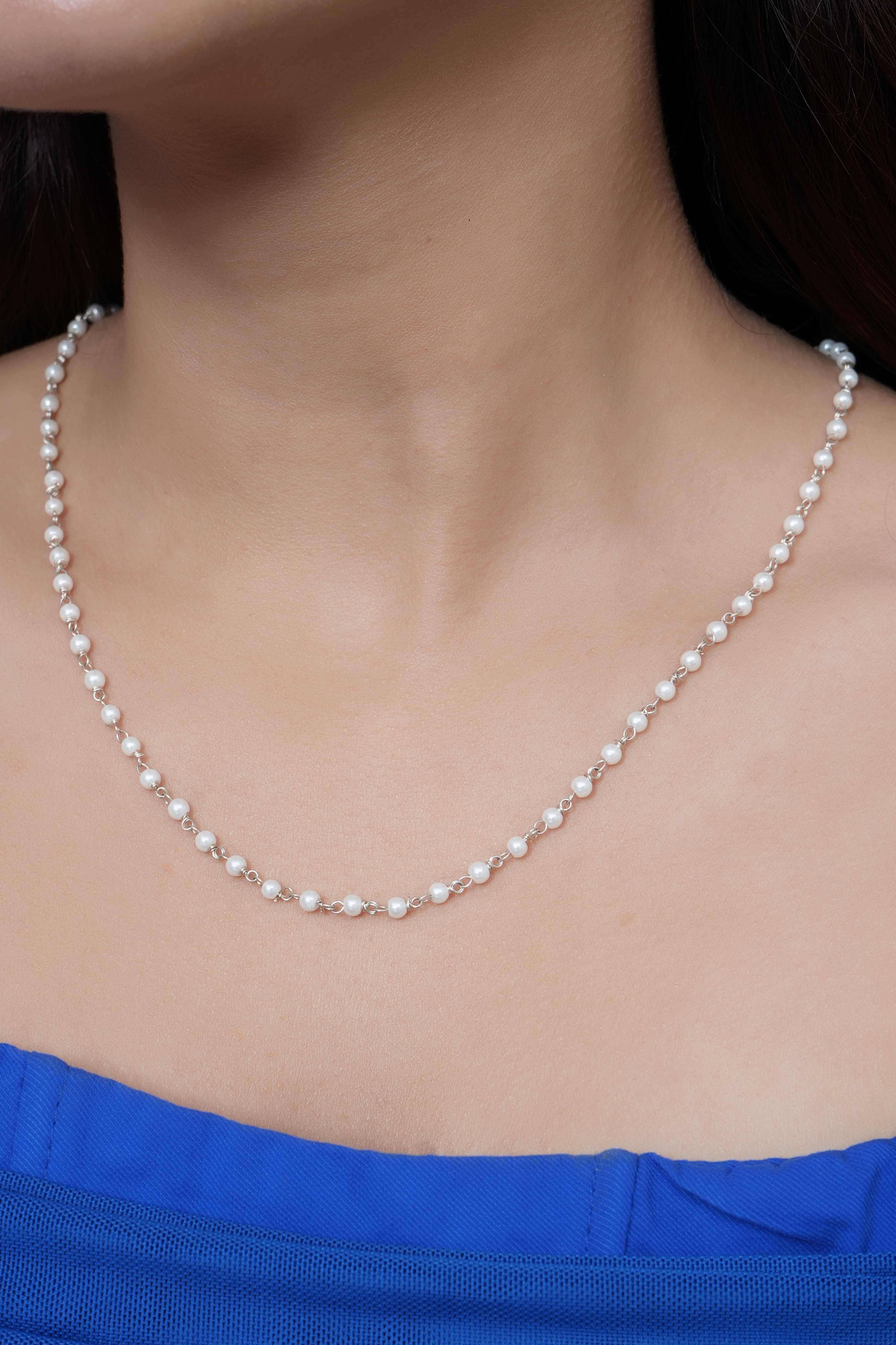 Silver Tone Premium Pearl Beaded Link Chain Necklace