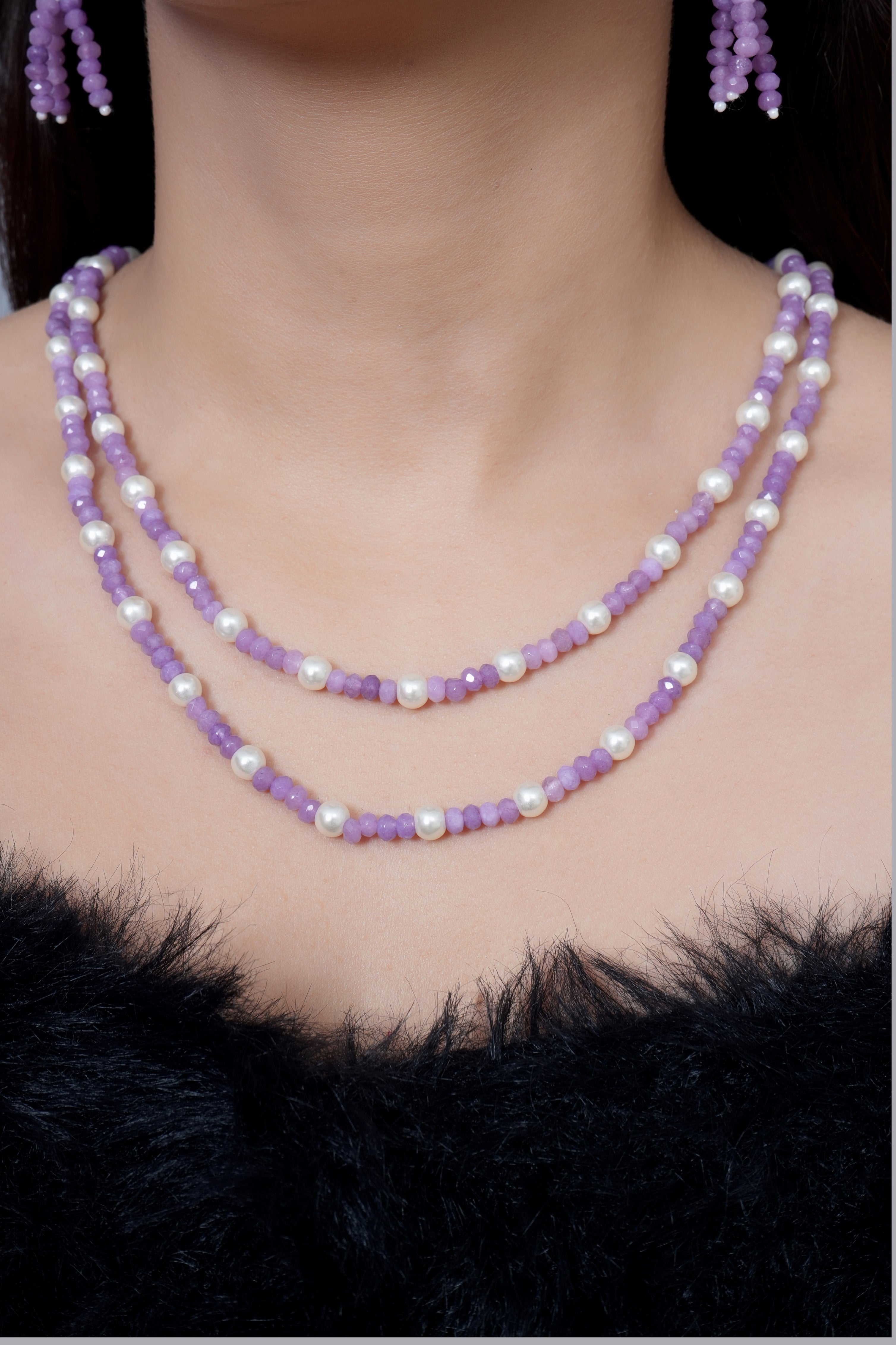 Purple Stone Pearl Beads Layered Necklace With Earrings