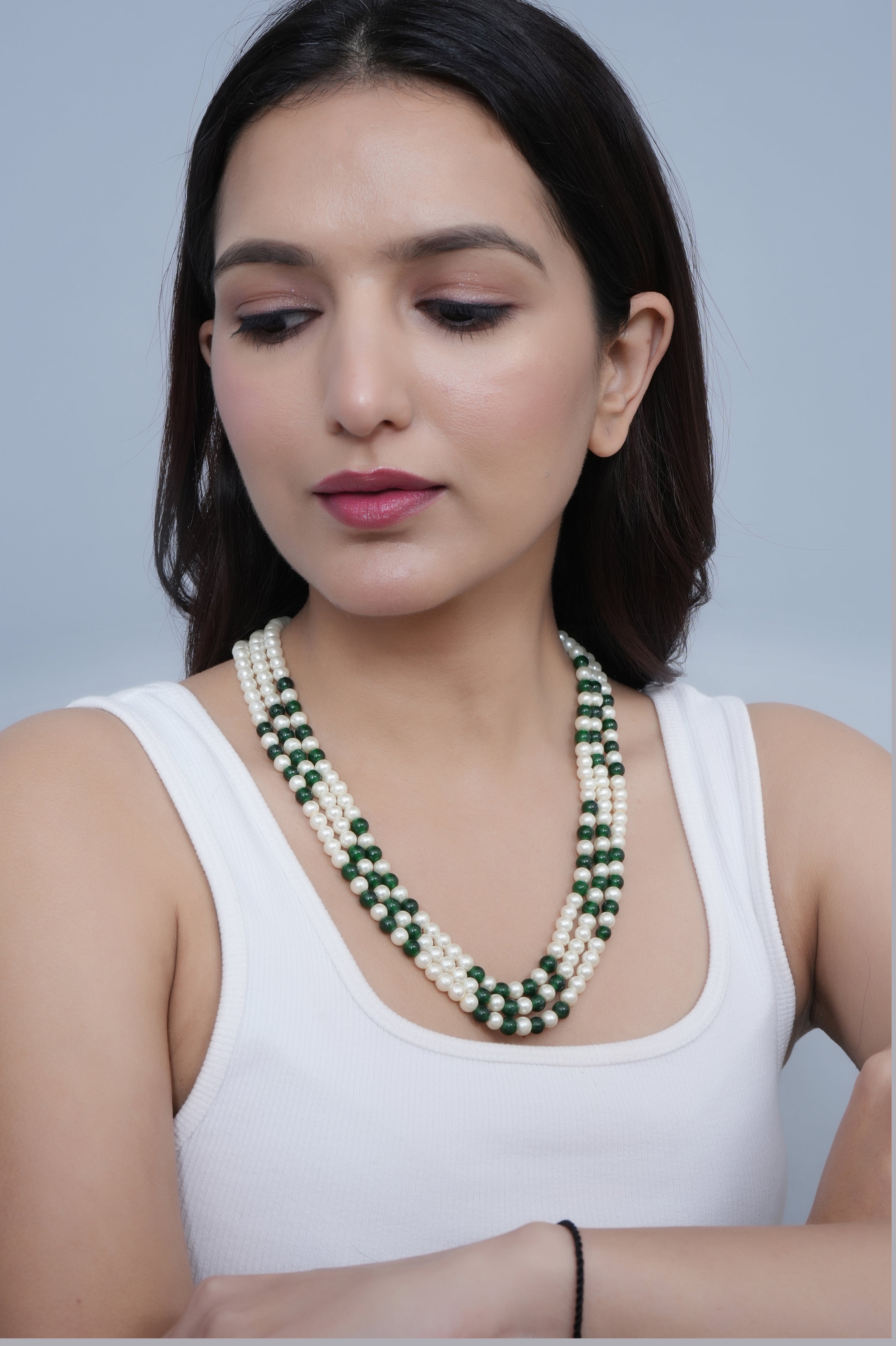 Three Layered Pearl And Green Stone Combo Necklace