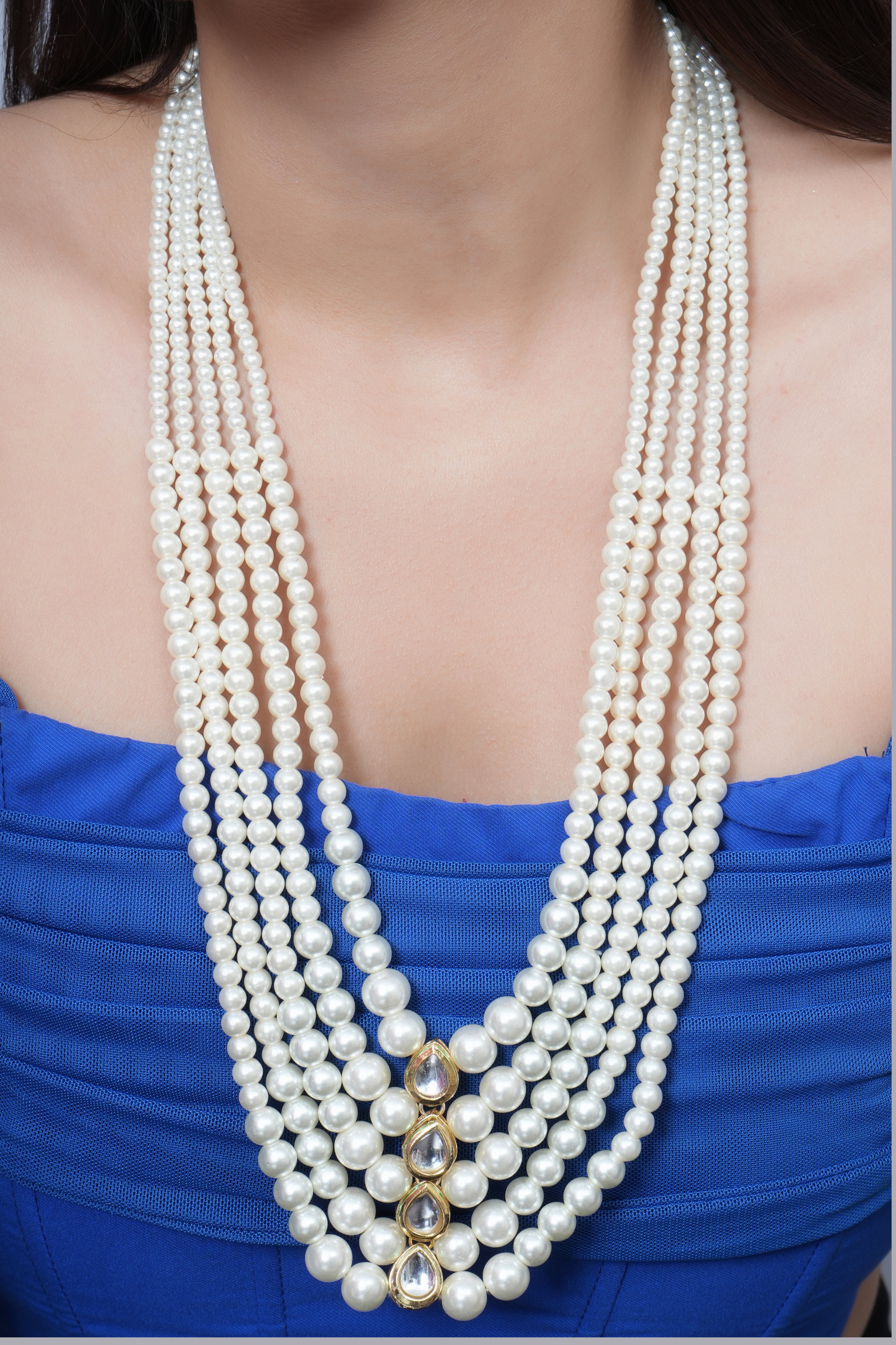 Five Layered Kundan Pearl Long Necklace