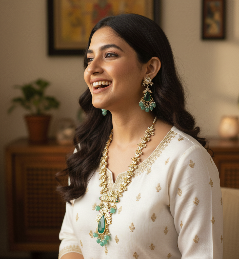 Designer Kundan Green Stone Pendant Set With Earrings