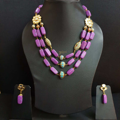 Floral Kundan & Purple Beads Stone Necklace With Earrings