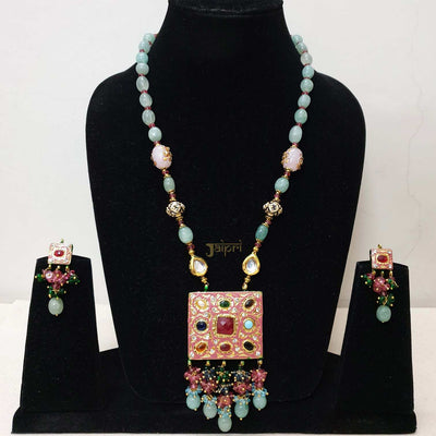 Turquoise Beads Stone Meenakari Pendant With Earrings