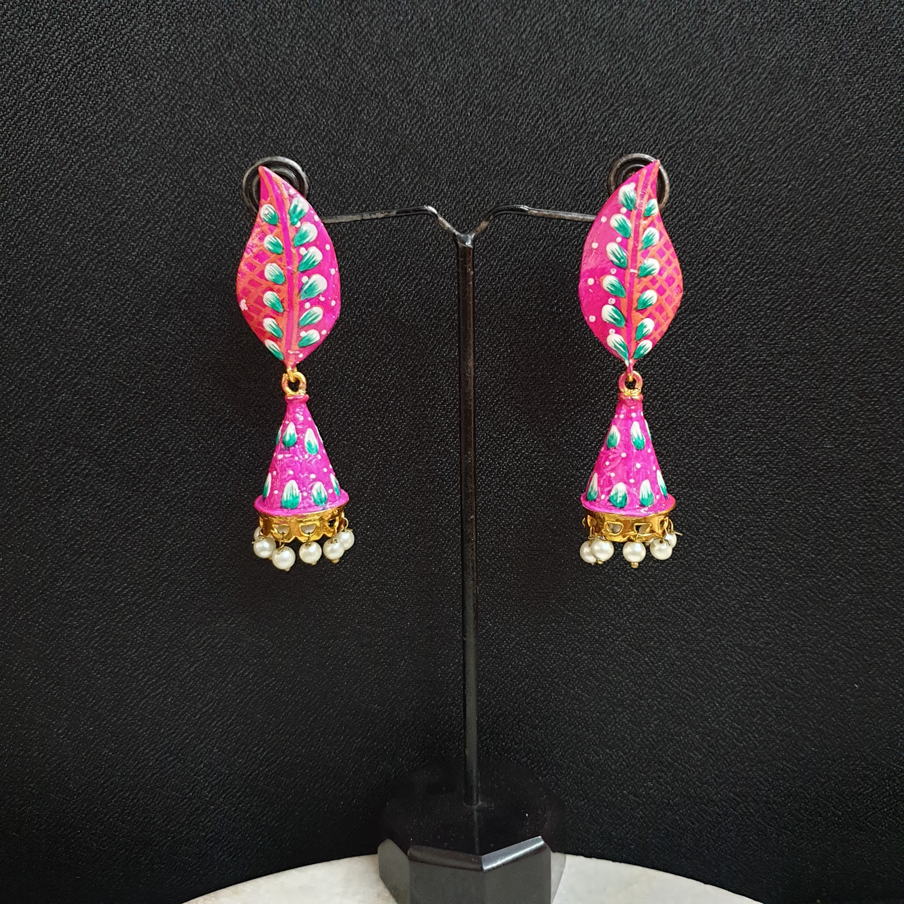 Pink Green Handpainted Jhumki Earrings