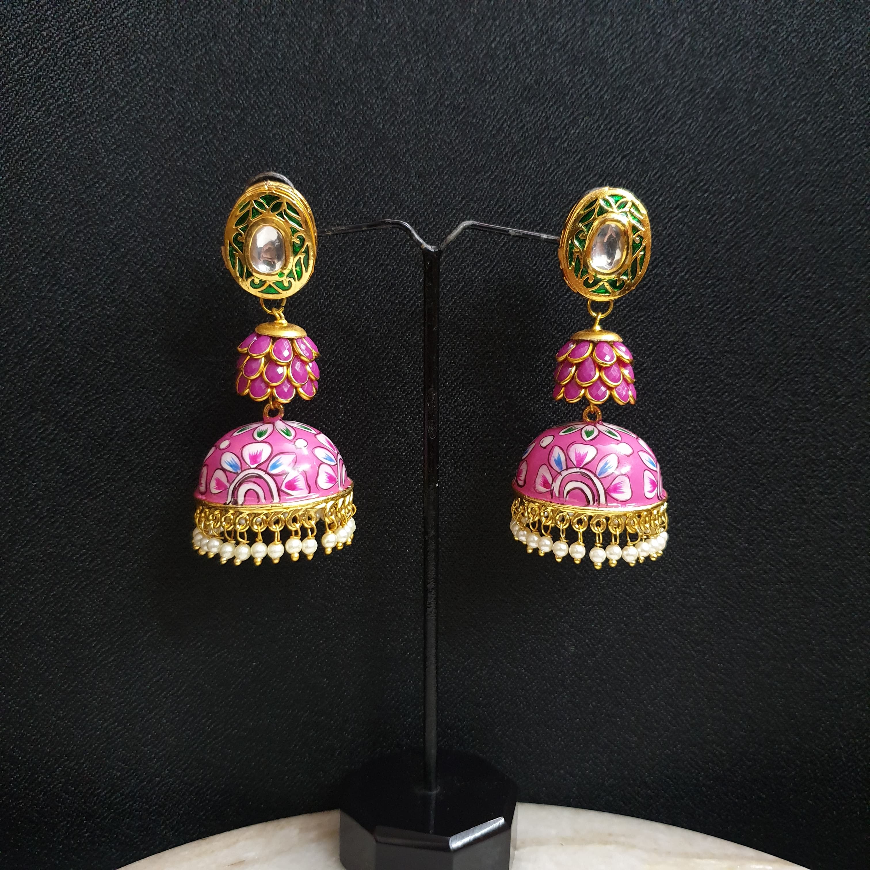 Pink Handpainted Jhumki Layered Earrings