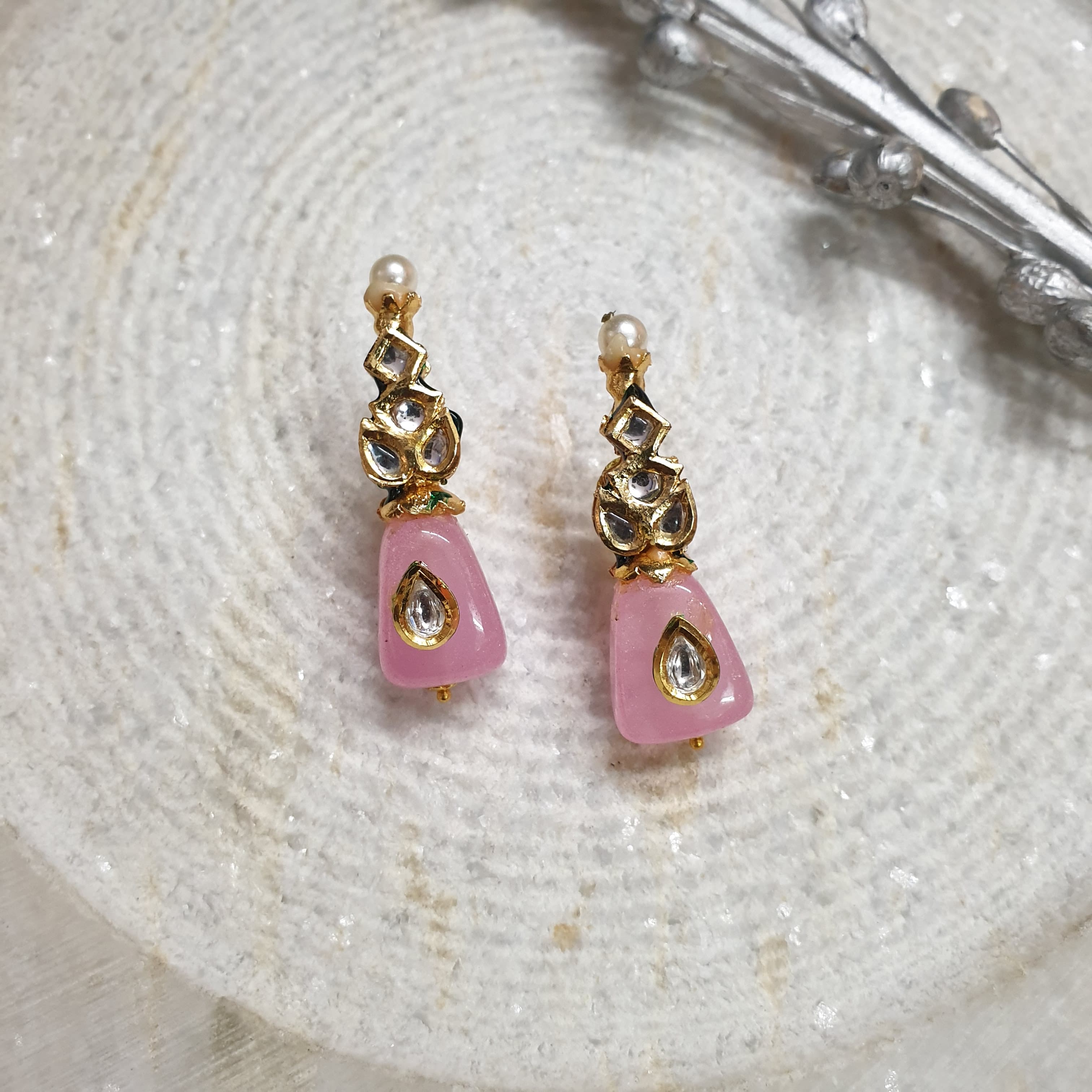 Pink Stone Kundan Small Earrings