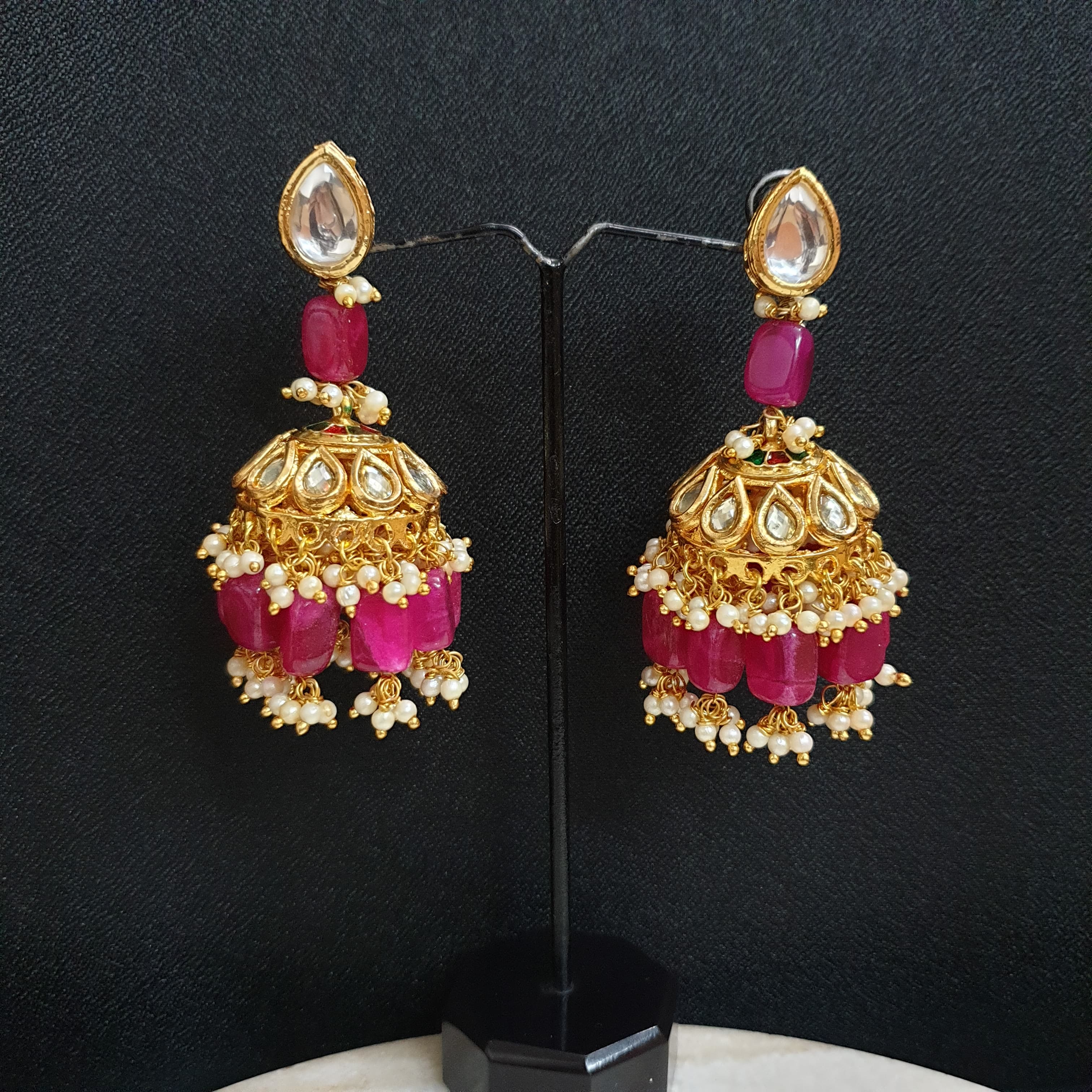 Pink Stone Kundan Chandbali Earrings