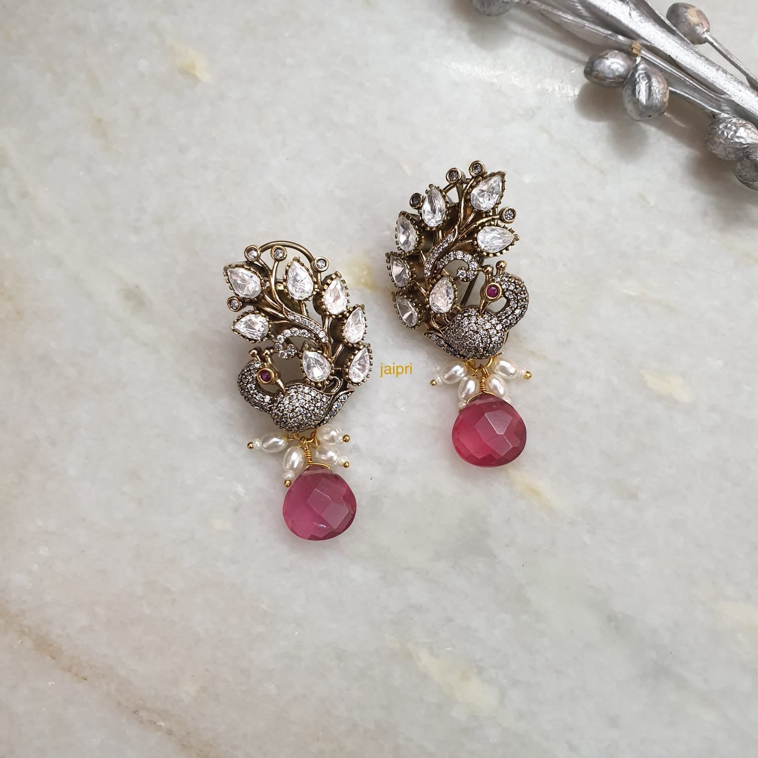 Pink Stone Peacock Moissanite Earrings