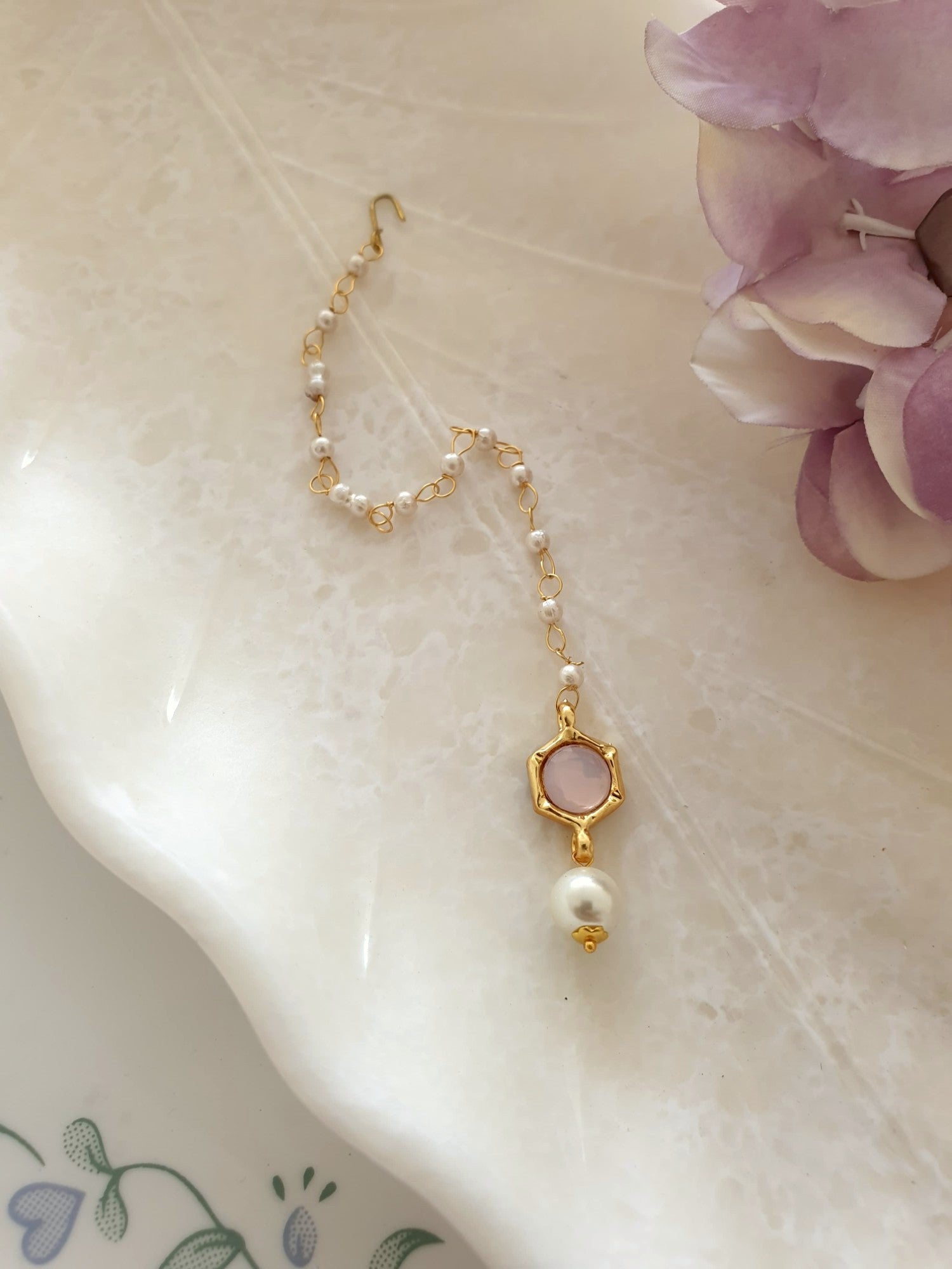 Baby Pink Stone Meenakari Pearl Beaded Maang Tikka