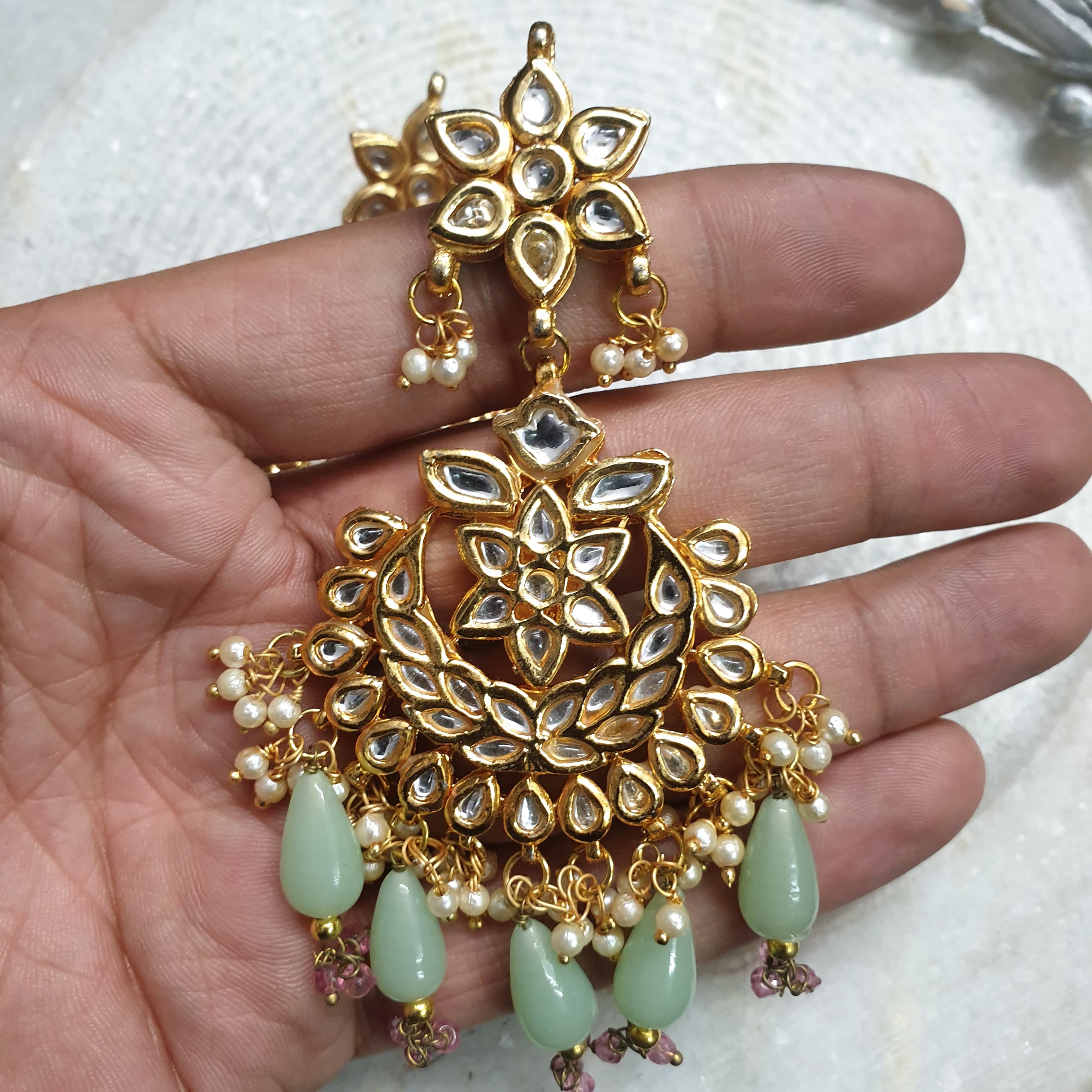 Green Beading Kundan Chandbali Earrings