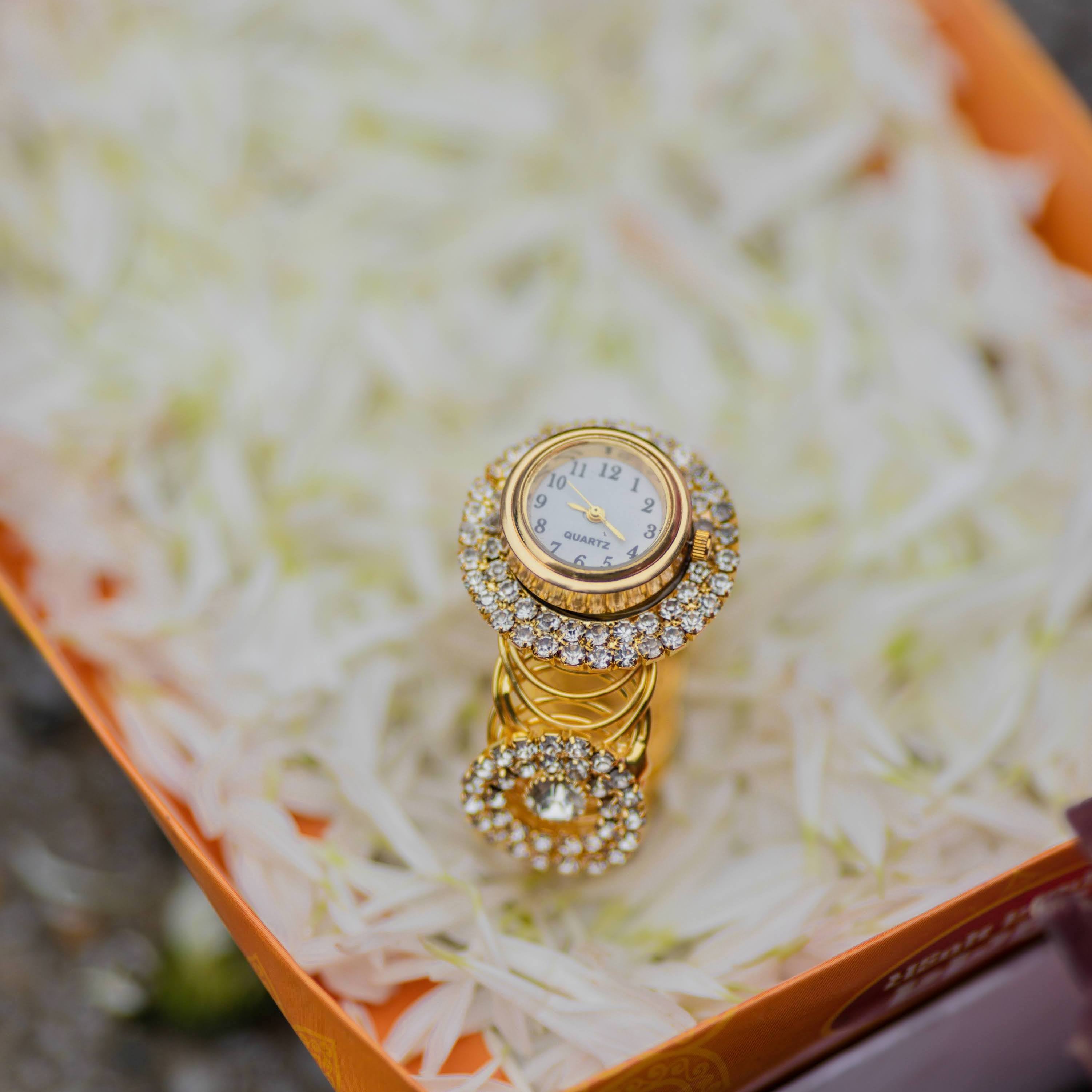 Gold Tone Stone Freesize Adjustable Wrist Watch