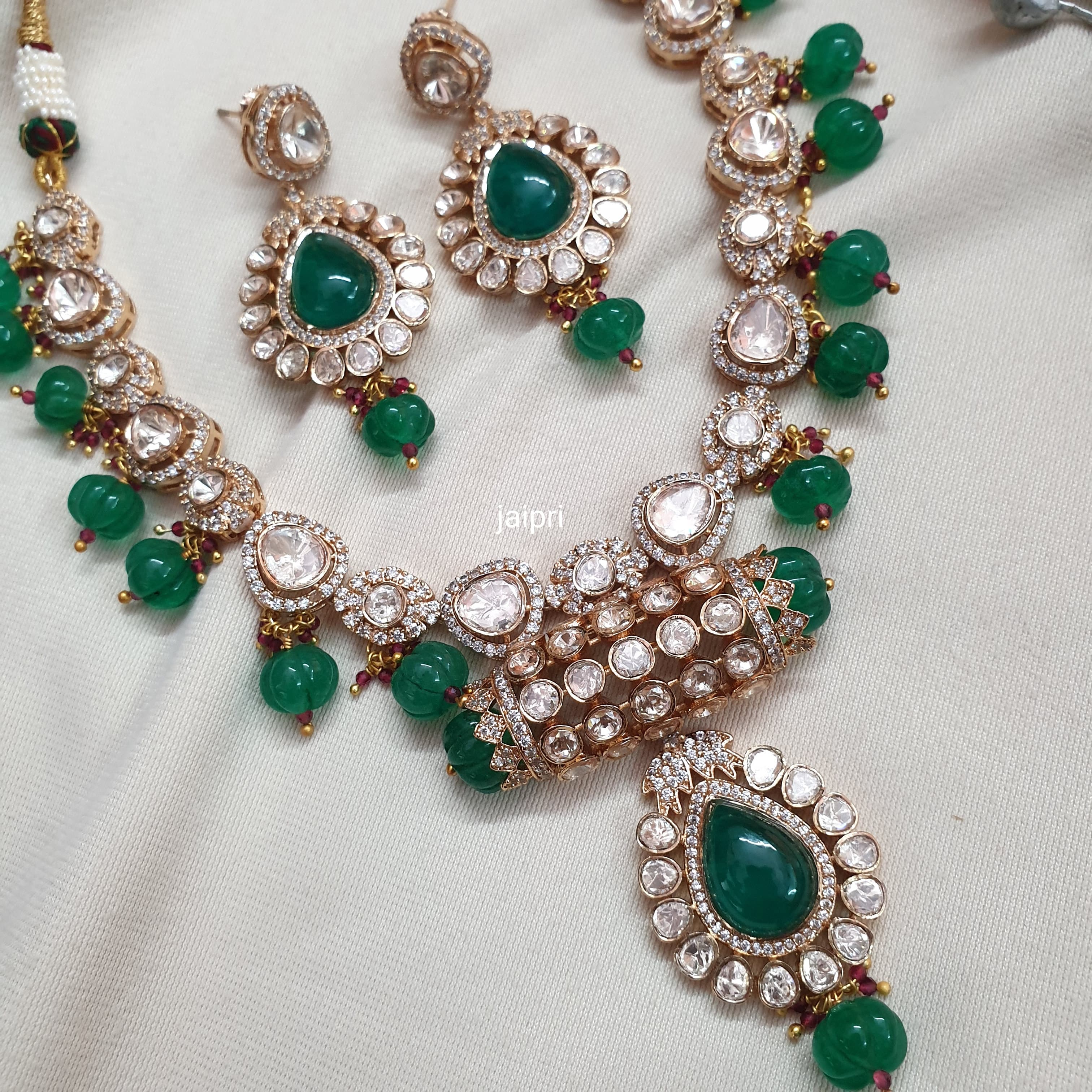 Champagne Kundan Polki Emerald Color Pumpkin Bead Necklace