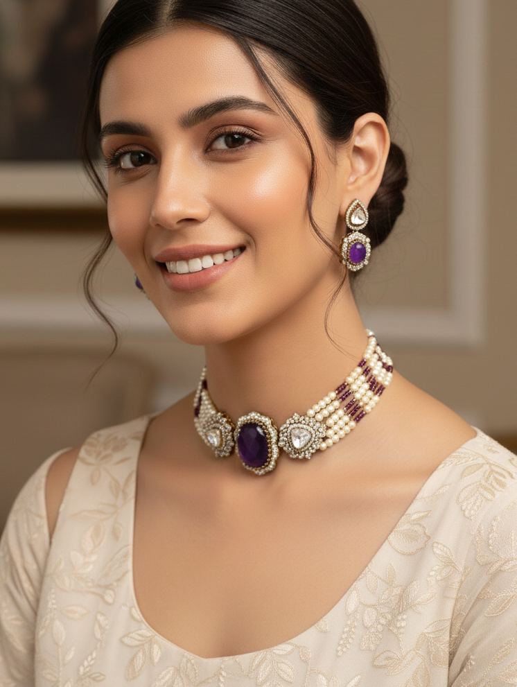Purple Kundan Choker Necklace