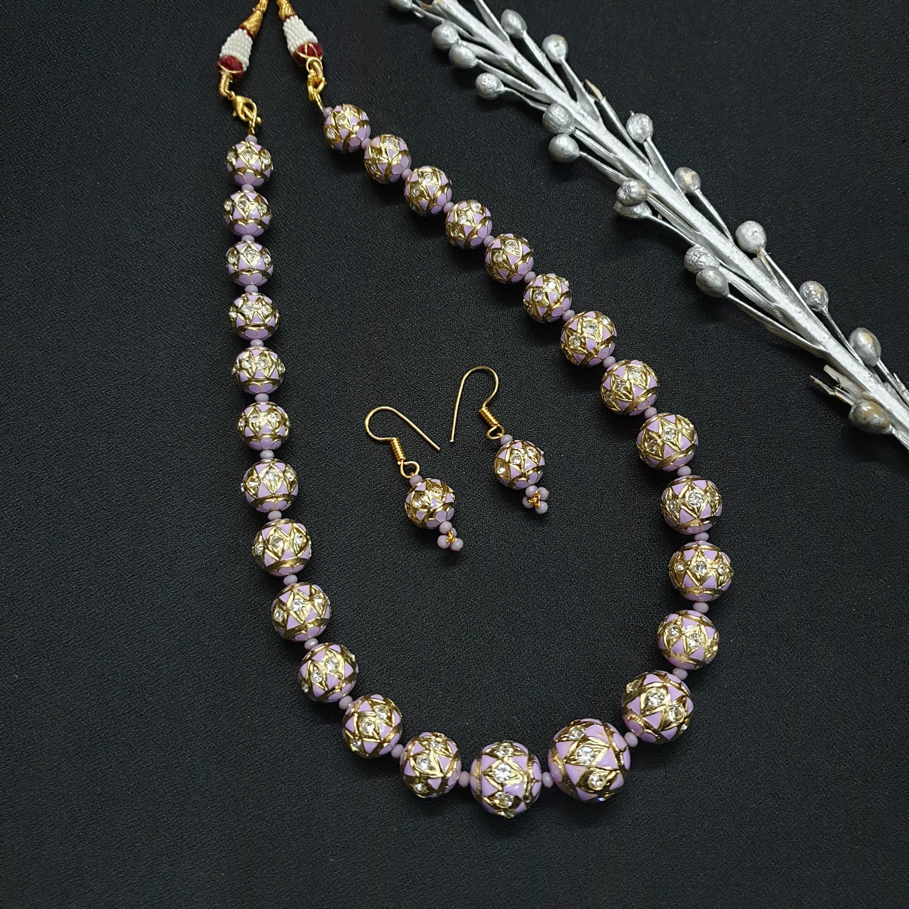 Light Purple Meenakari Beaded Necklace With Earrings