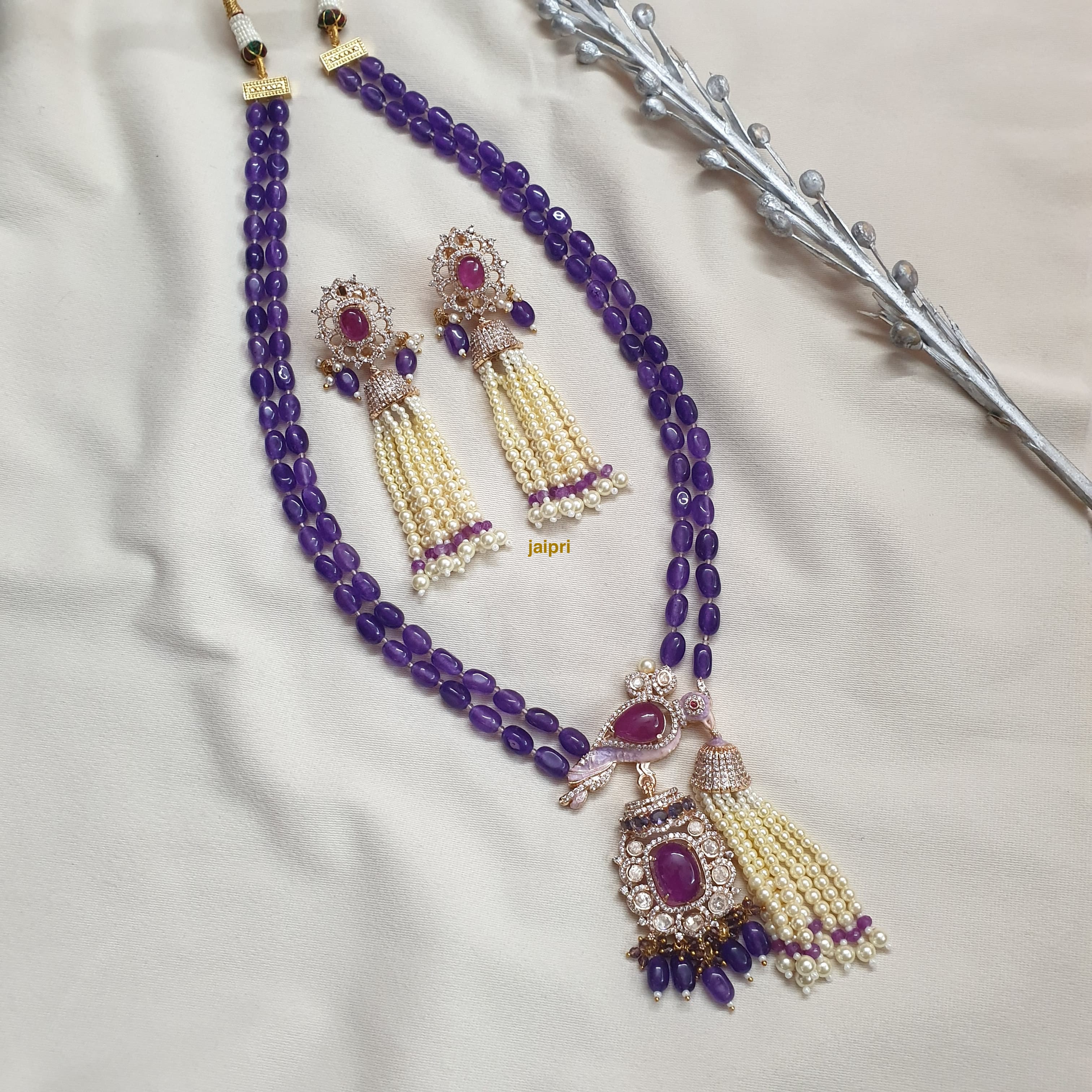 Purple Stone Kundan Polki Bird Pendant Set