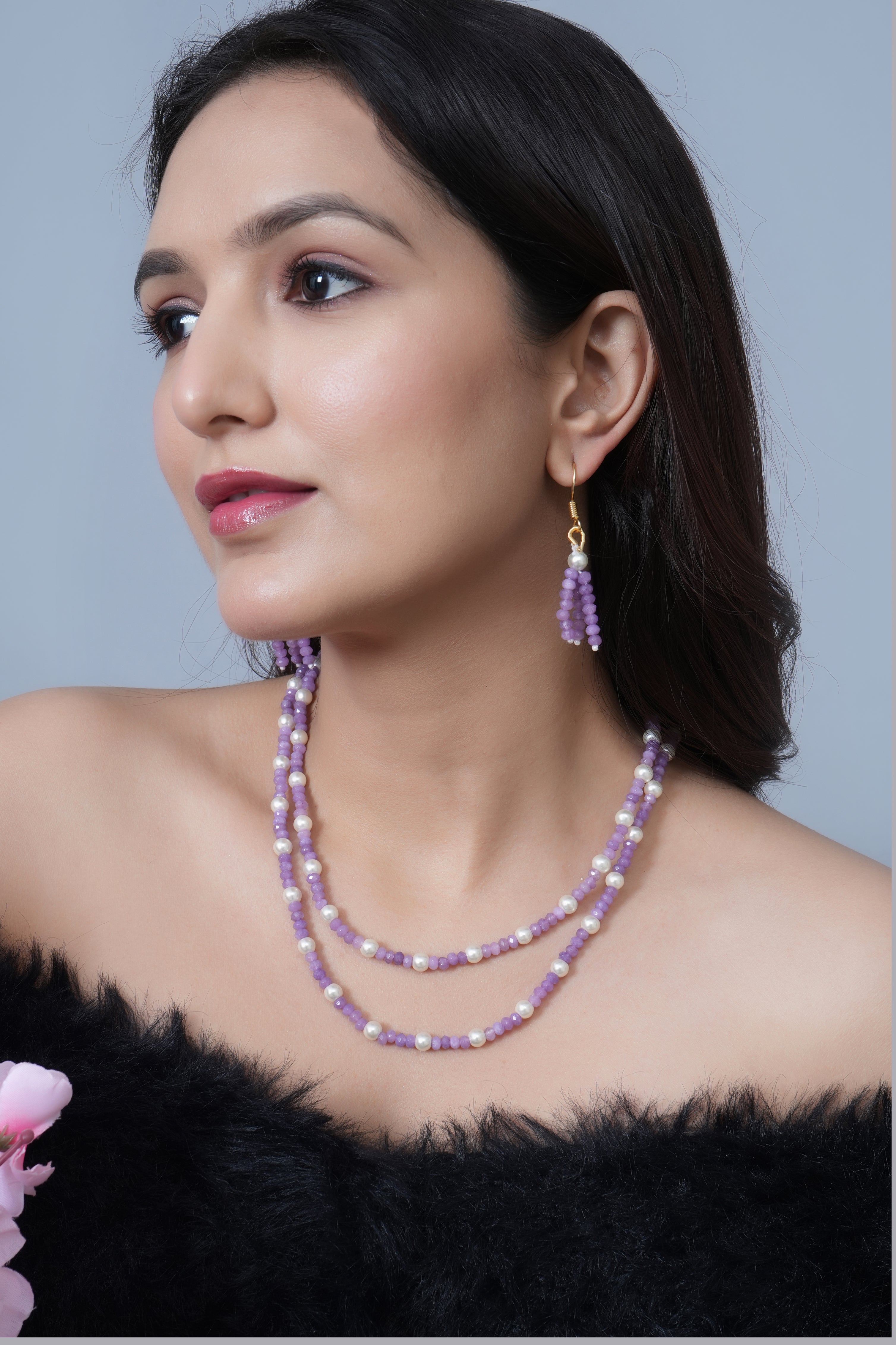 Purple Stone Pearl Beads Layered Necklace With Earrings