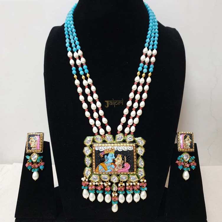 Radhakrishnan Painting With Turquoise & Pearl Stone Necklace With Earrings