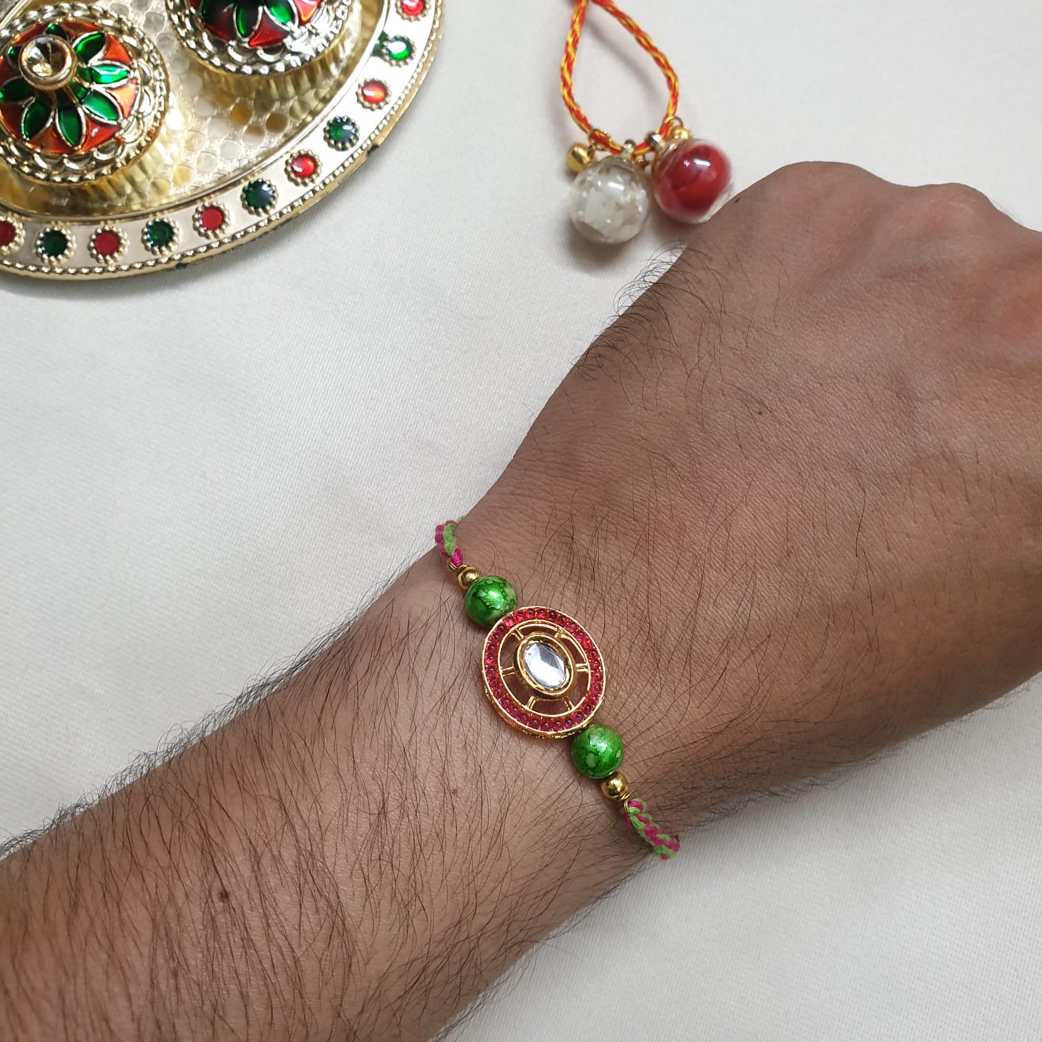 Kundan Red Beaded Rakhi For Brother (Pack Of One)
