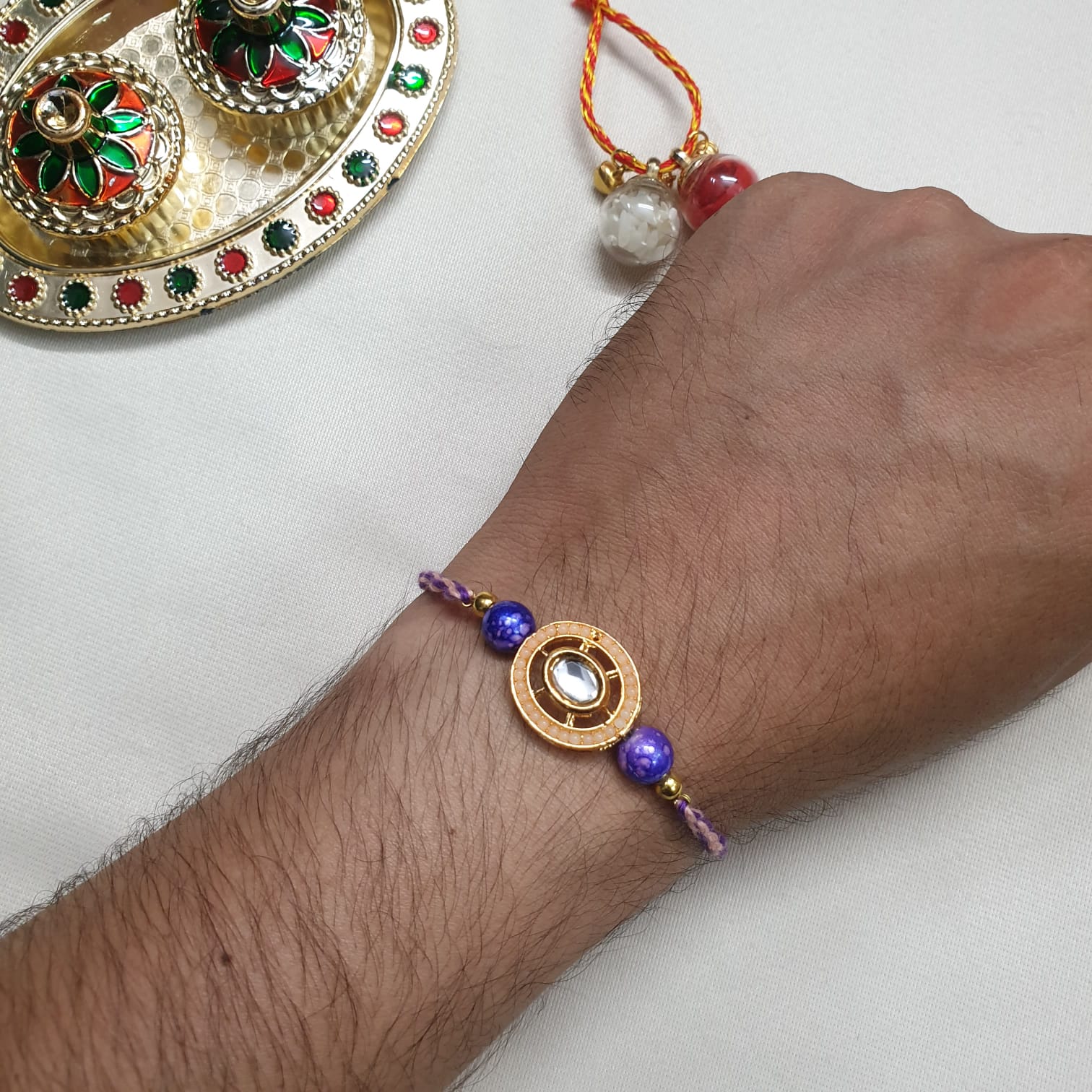Kundan Purple Beaded Rakhi For Brother (Pack Of One)