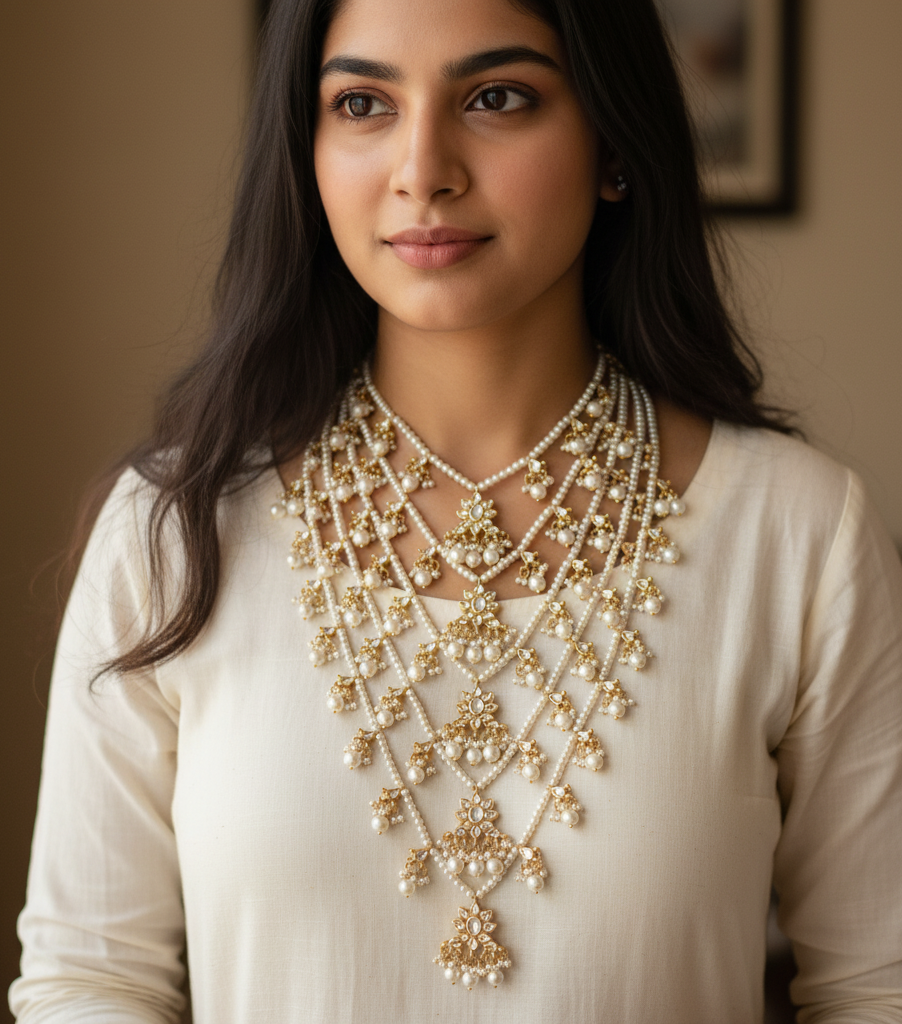 Floral Kundan Multilayered Pearl Beads Necklace With Earrings