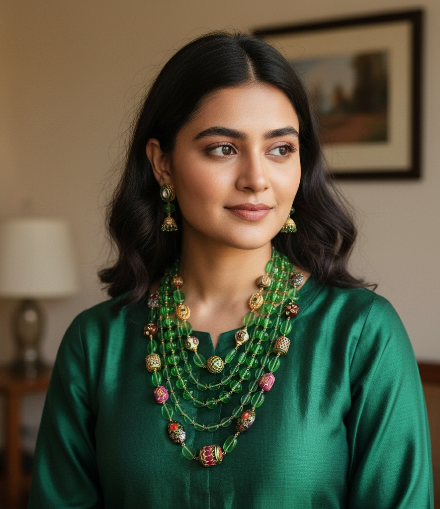 Multilayered Green Beads Stone Necklace With Earrings