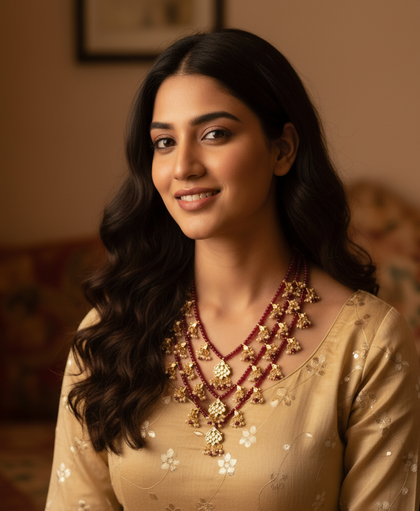 Floral Kundan Ruby Beads Stone Necklace With Earrings