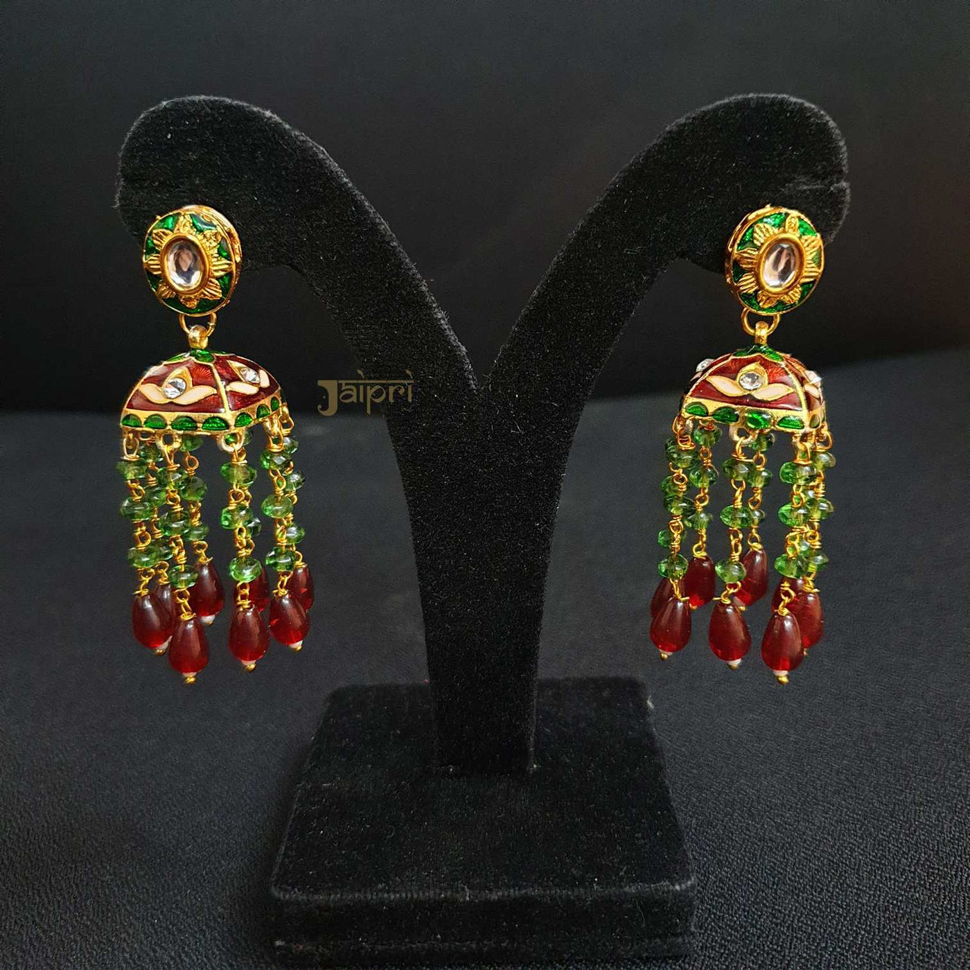 Ruby & Green Stone Meenakari Jhumki Earrings