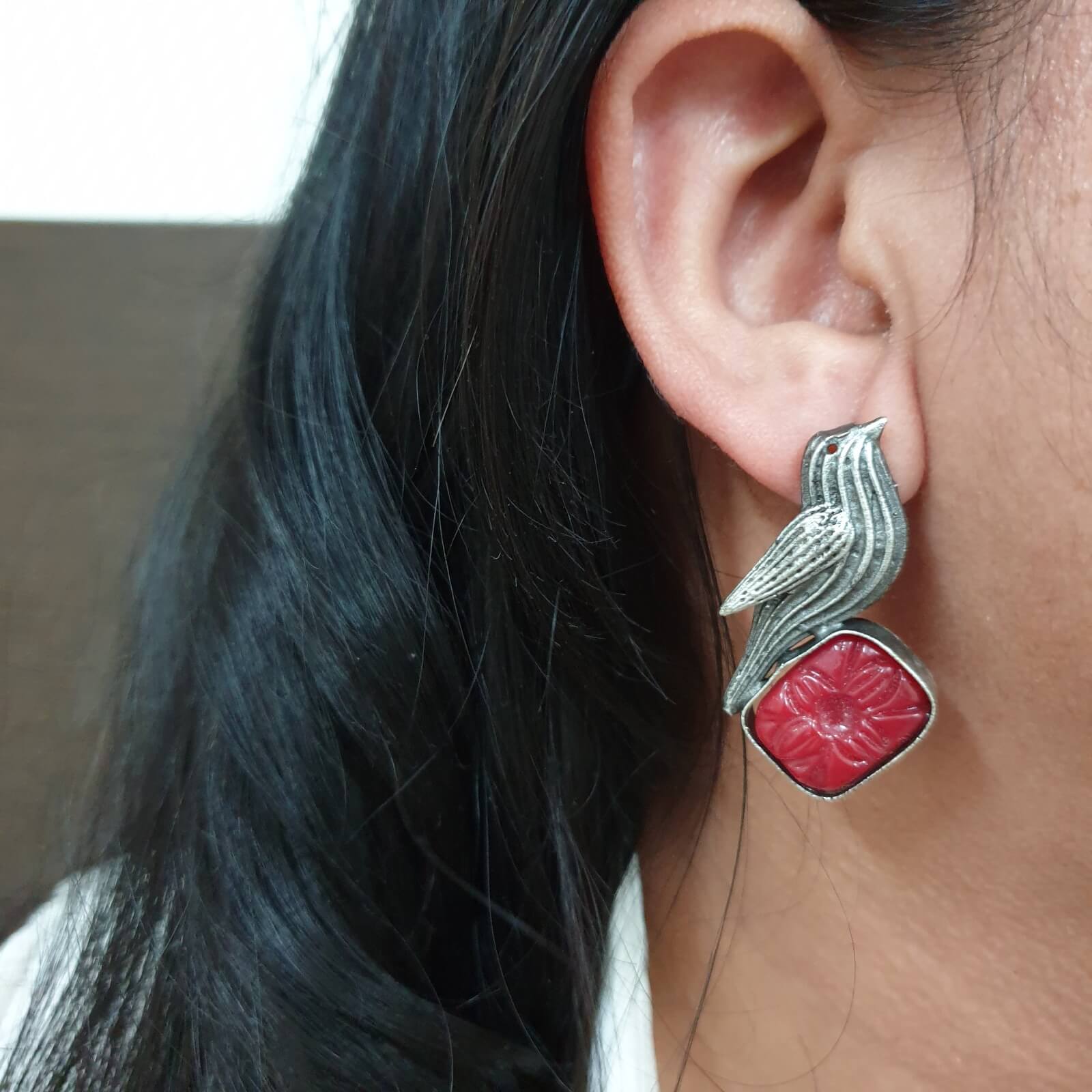 Red Floral Stone Bird Design Ear Studs
