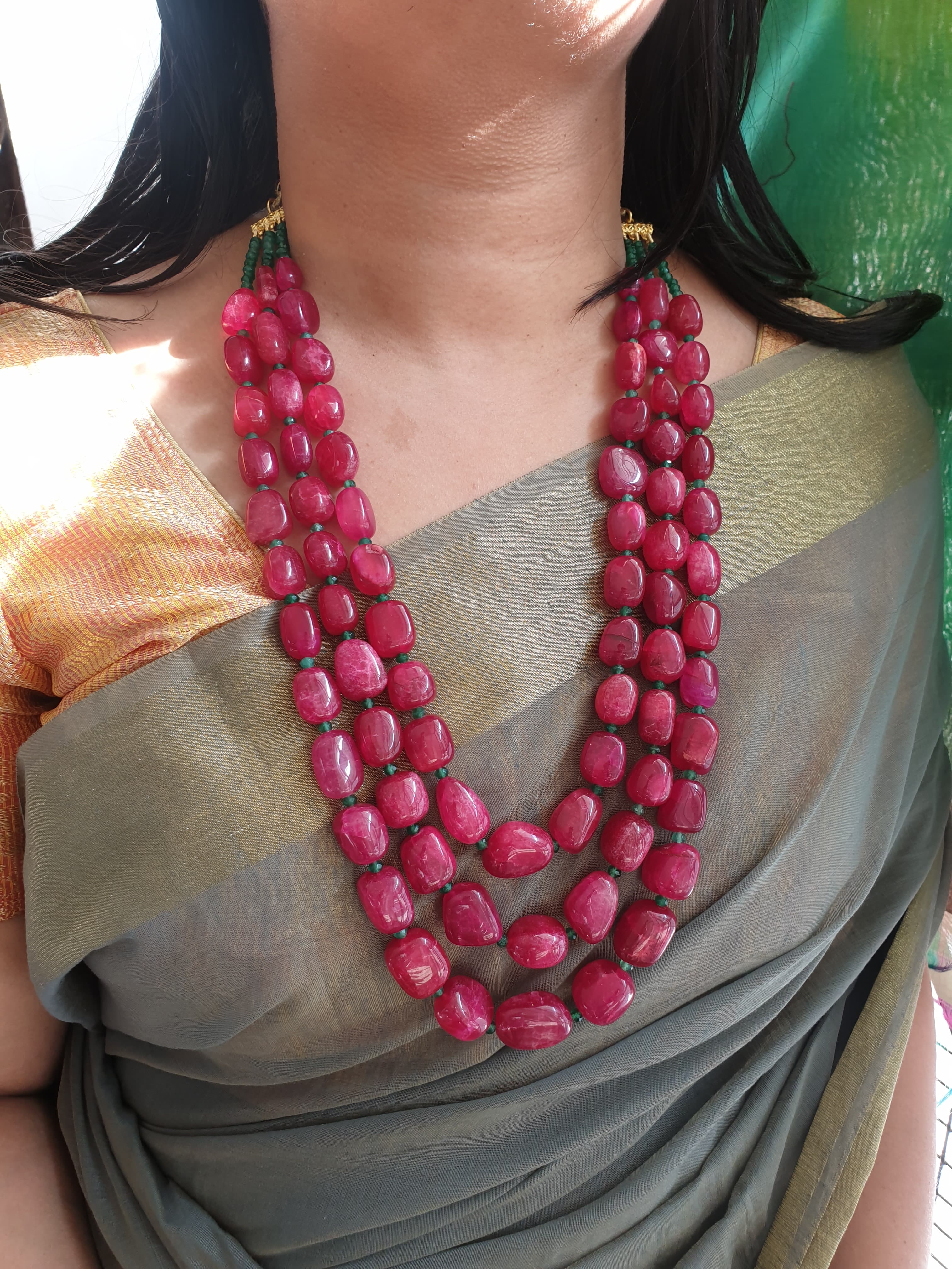 Ruby Color Bead Three Layered Necklace