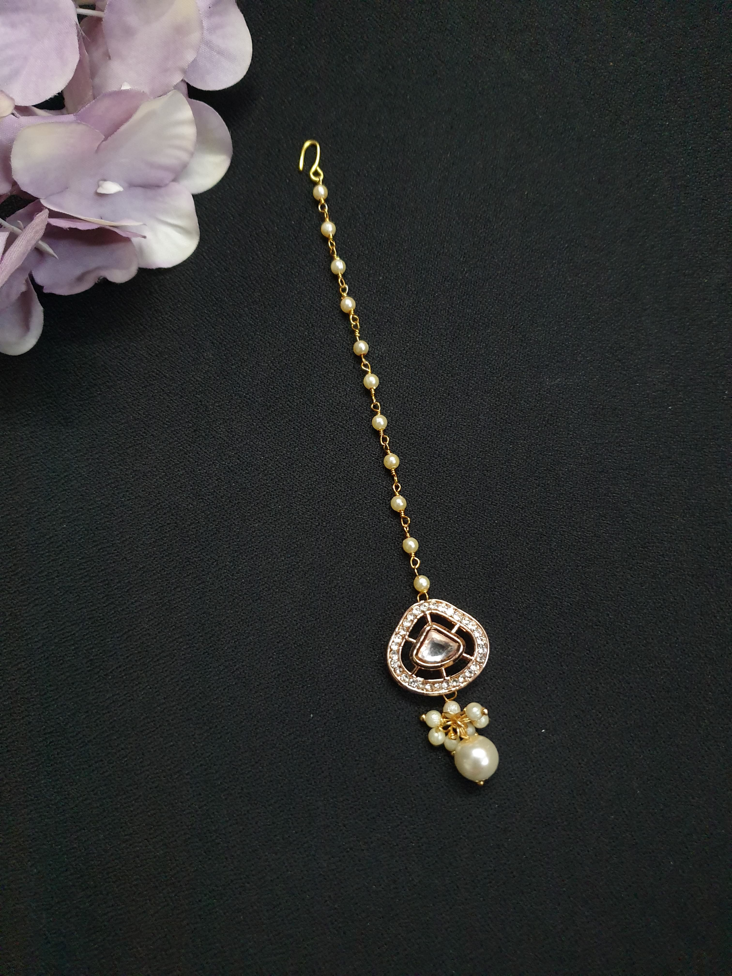 Rose Gold Kundan Polki Pearl Beaded Maang Tikka