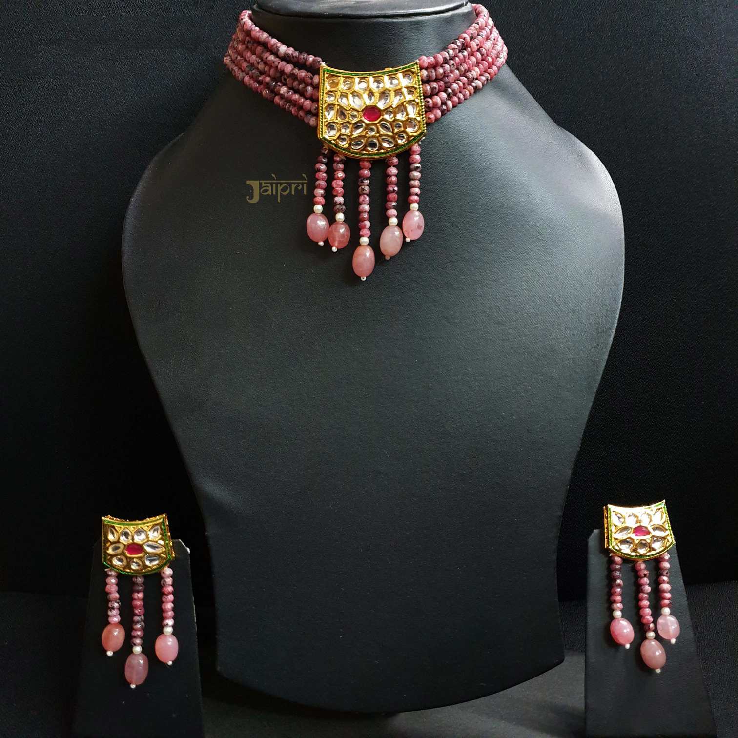 Ruby Beads Stone Kundan-Jadau Choker With Earrings