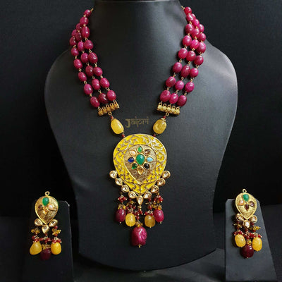 Ruby Beads Stone Tear-drop Meenakari Pendant With Earrings