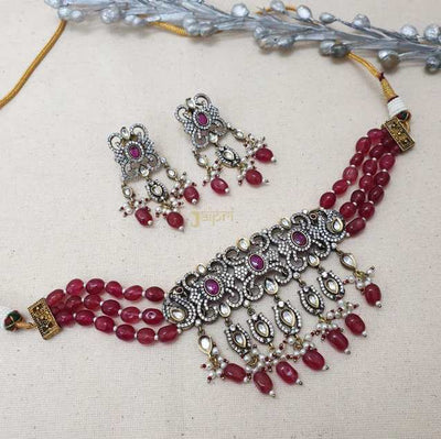 Ruby Stone Beads Beautiful Floral Necklace With Earrings