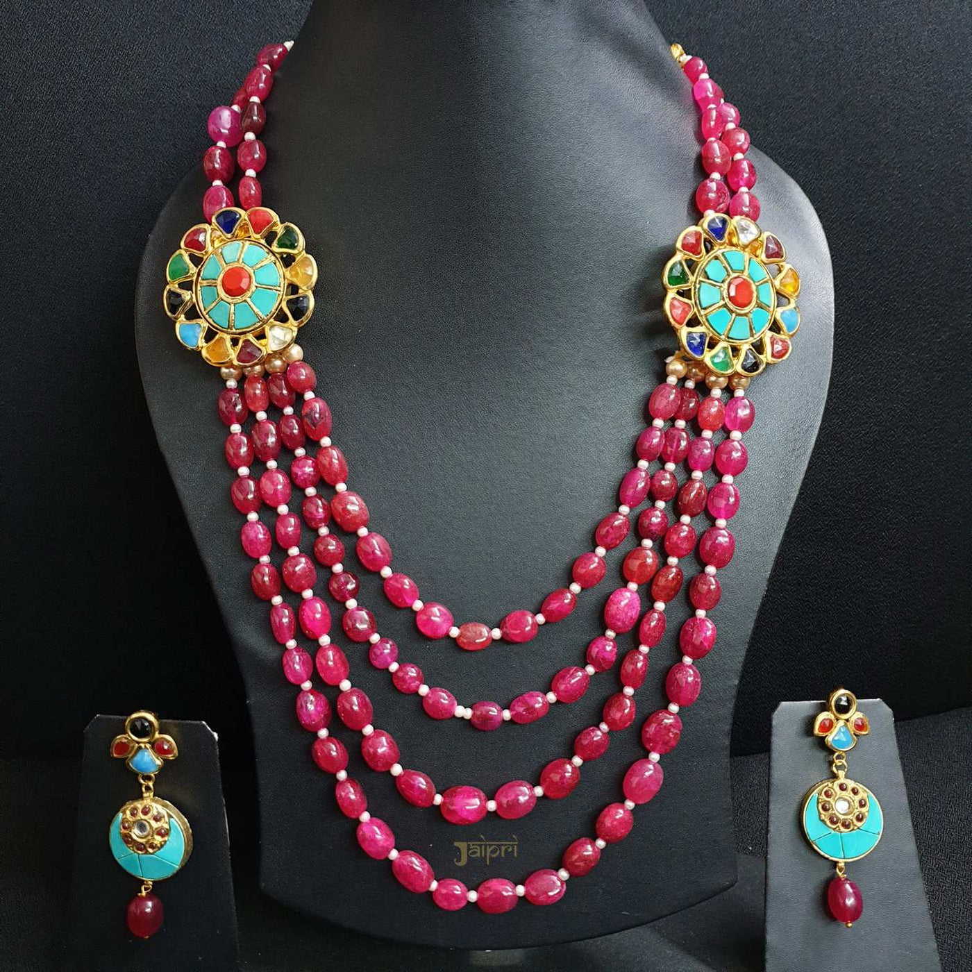 Designer Kundan & Ruby Beads Stone Necklace With Earrings