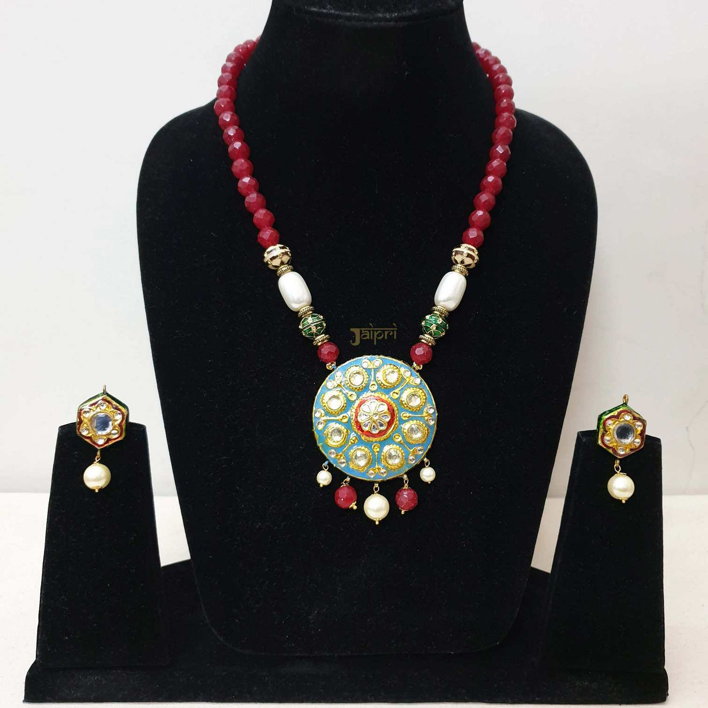 Floral Meenakari & Ruby Stone Pendant With Earrings
