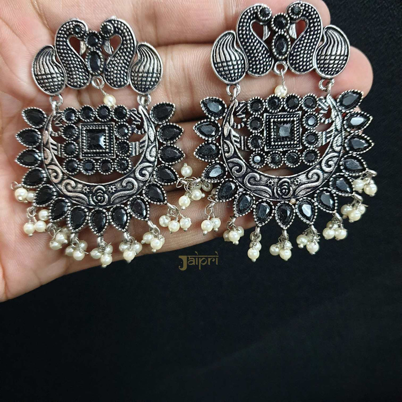 Peacock Design Black Stone Chandbali Earrings