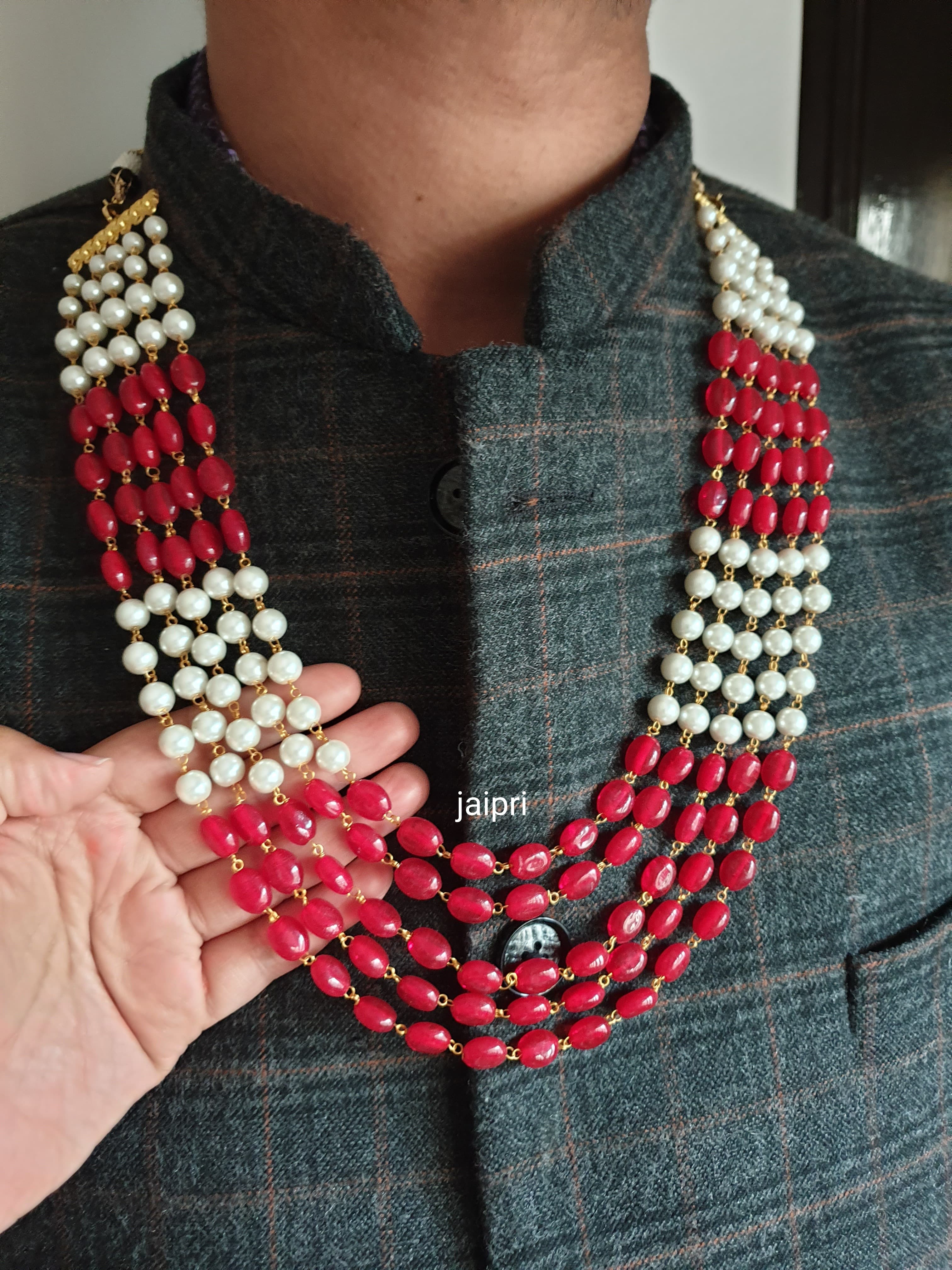 Five Layered Ruby Red Pearl Groom Necklace