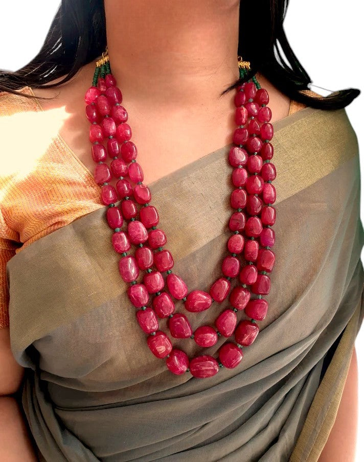 Ruby Color Bead Three Layered Necklace