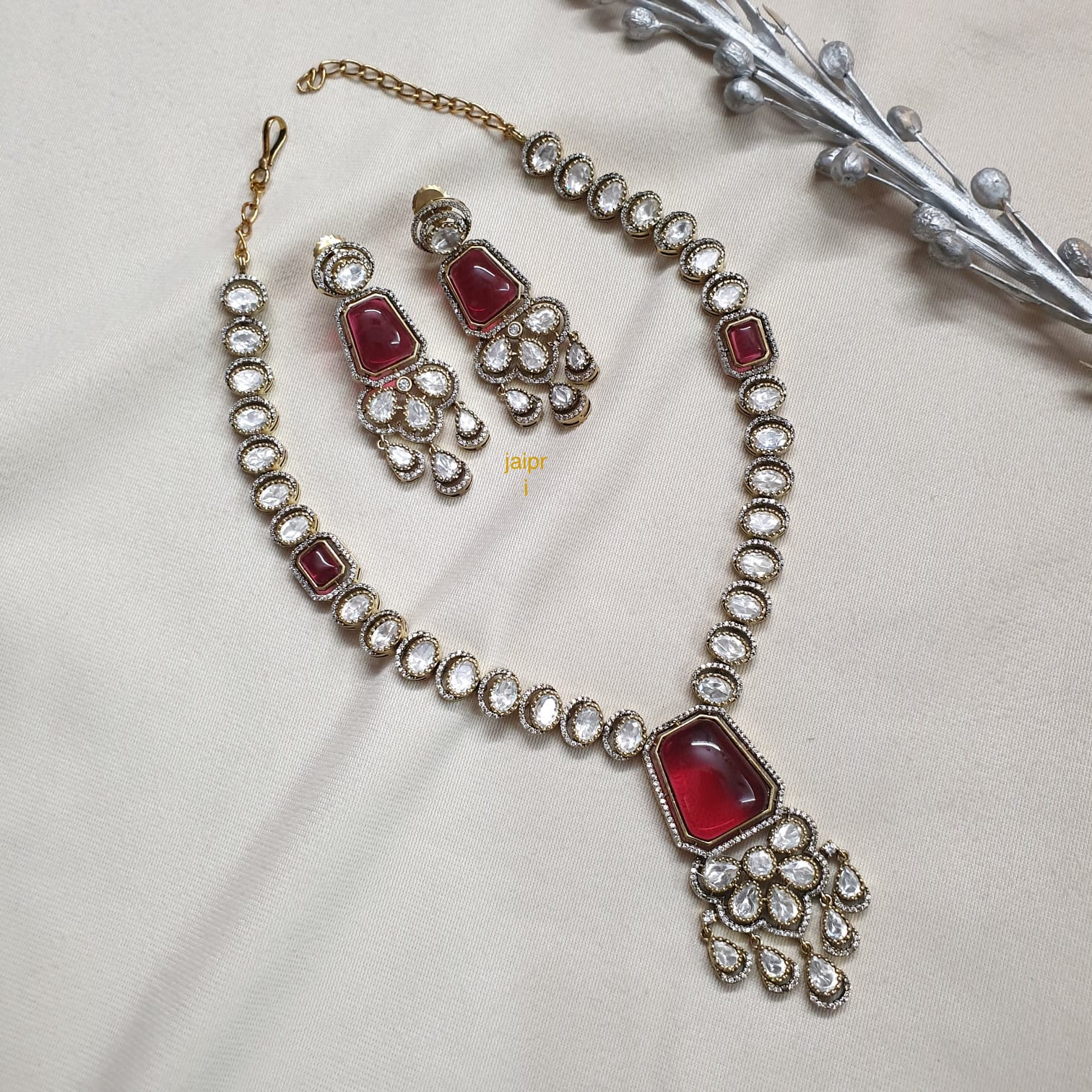 Ruby Moissanite Kundan Premium Necklace With Earrings