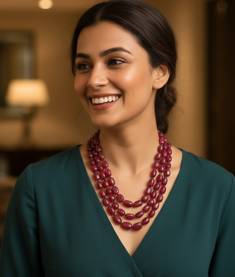 Ruby Color Bead Three Layered Necklace