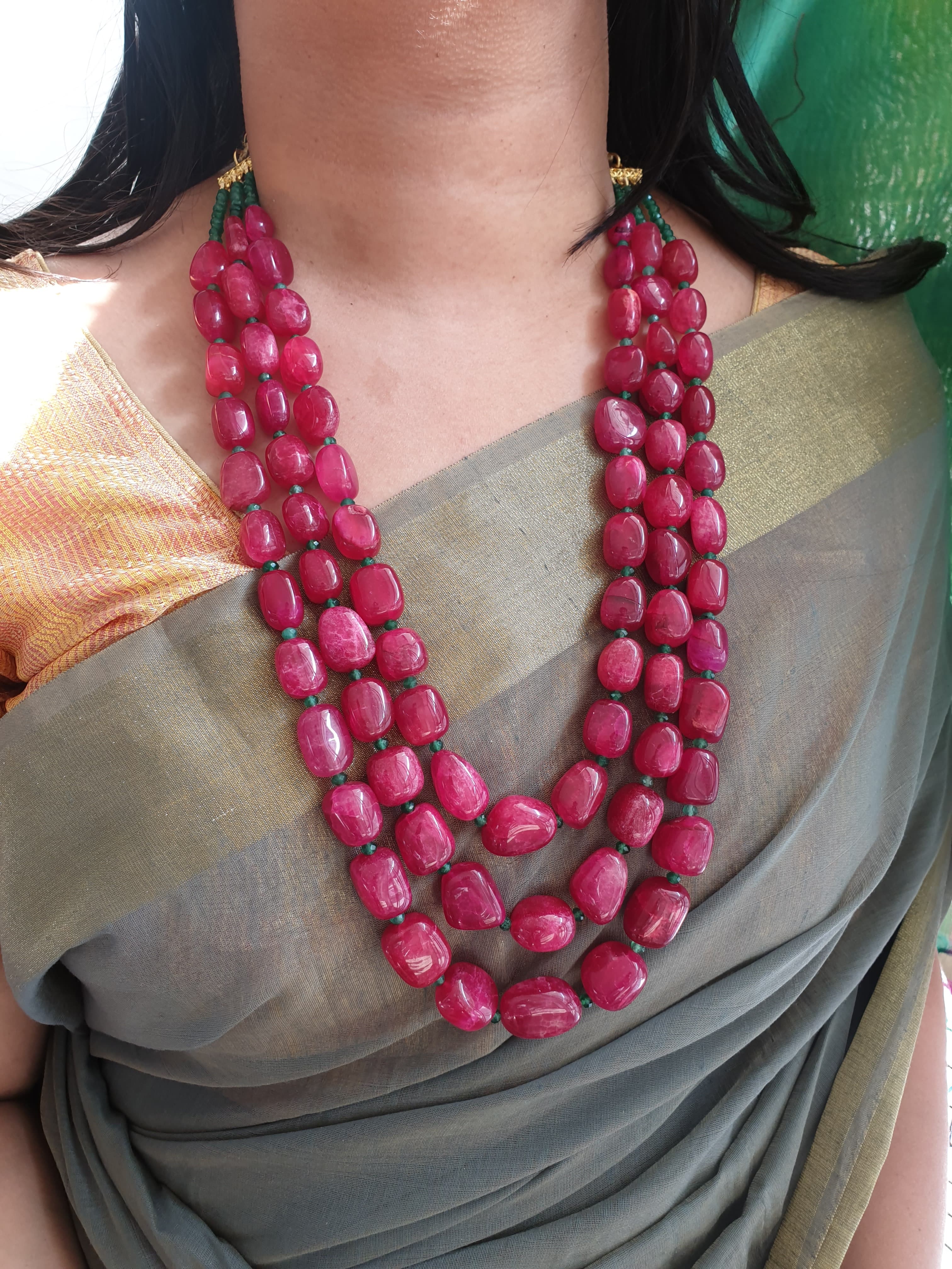 Ruby Color Bead Three Layered Necklace