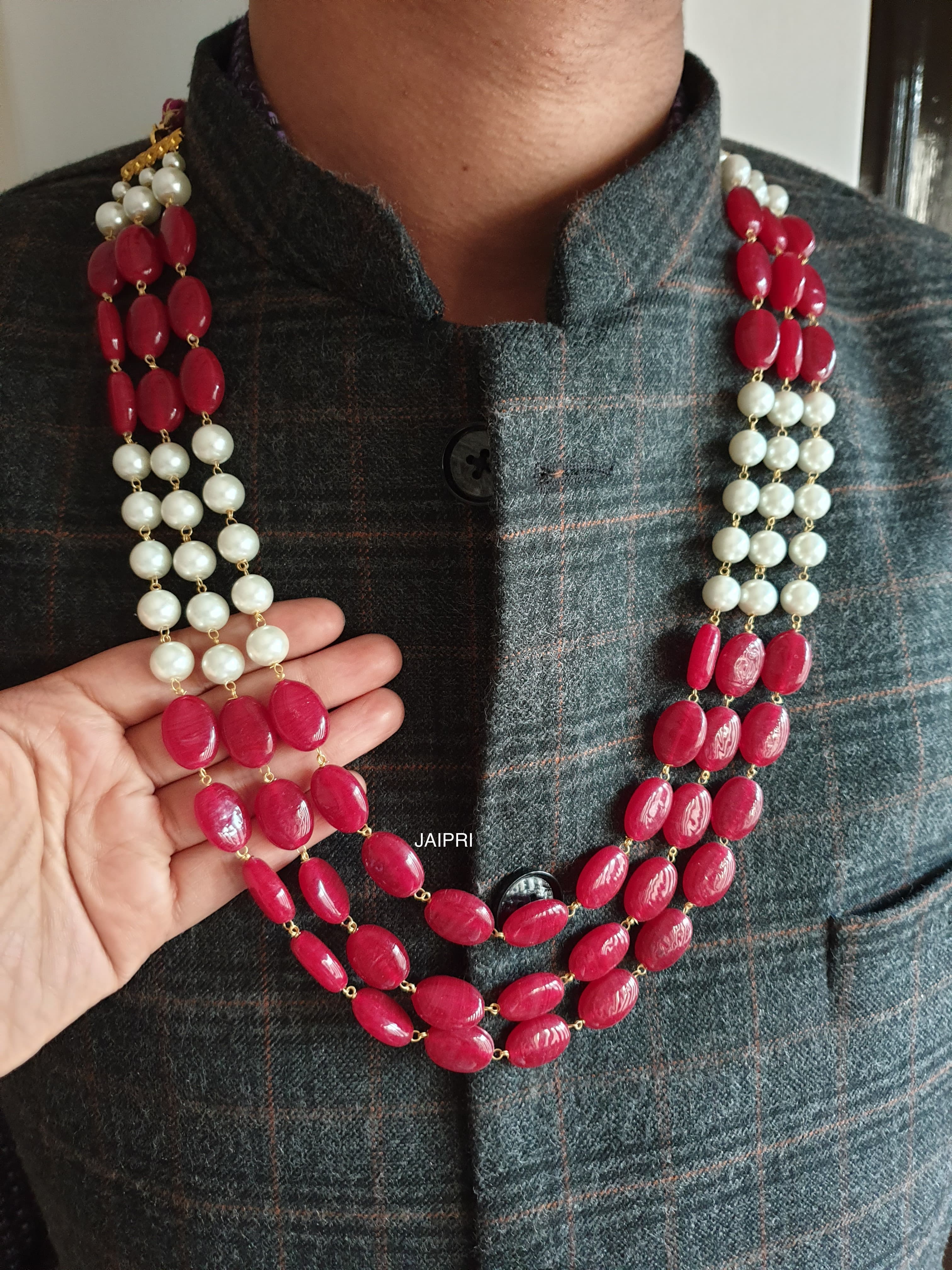 Three Layered Pearl And Red Combo Groom Necklace