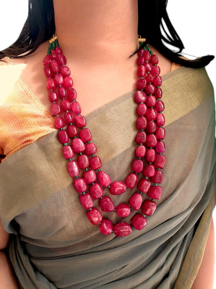 Ruby Color Bead Three Layered Necklace